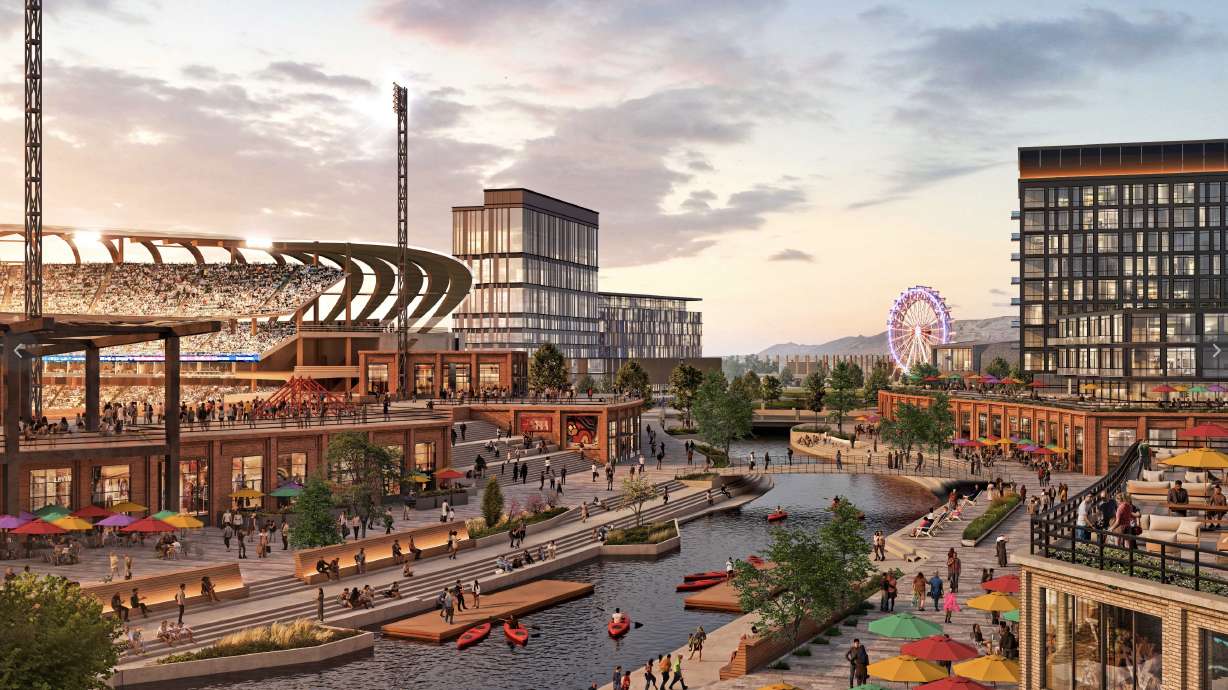 A rendering of a Jordan River "riverwalk" near a possible Major League Baseball stadium in the proposed Power District, a portion of Salt Lake City tied to the project on Tuesday.