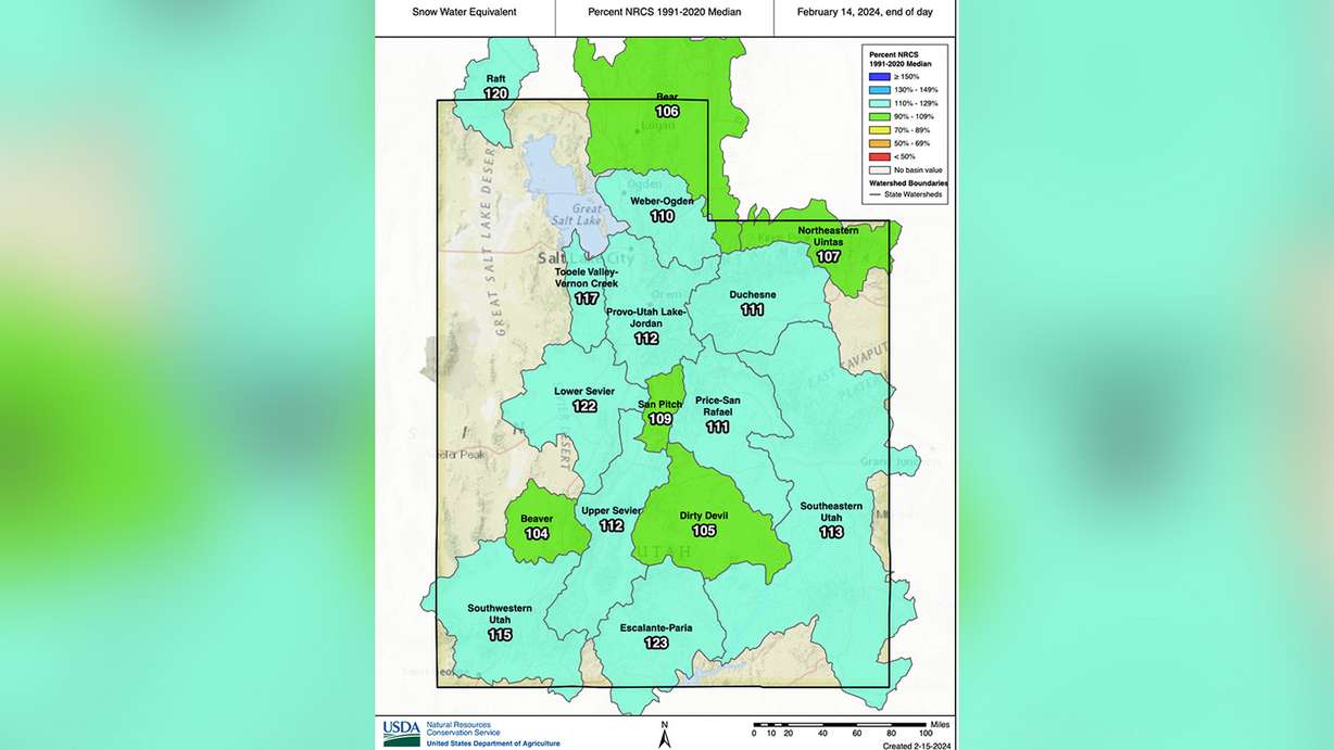 This map shows where snowpack levels within Utah's snowpack basins are in comparison to seasonal median averages as of Thursday.