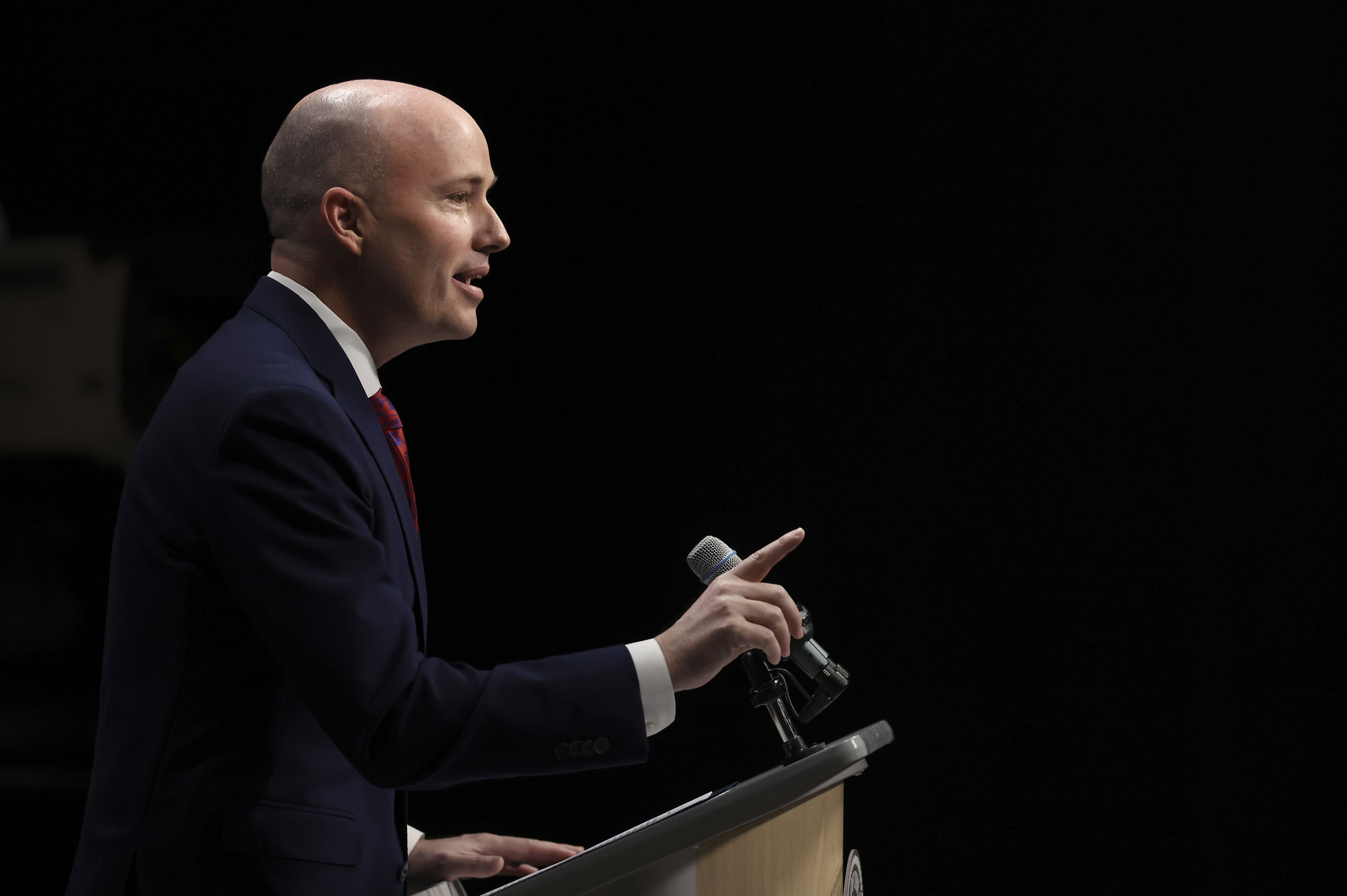 Gov. Spencer Cox speaks to reporters at the PBS monthly news conference at the Eccles Broadcast Center in Salt Lake City on Thursday. The governor said he believes former president Donald Trump will win the 2024 presidential election.