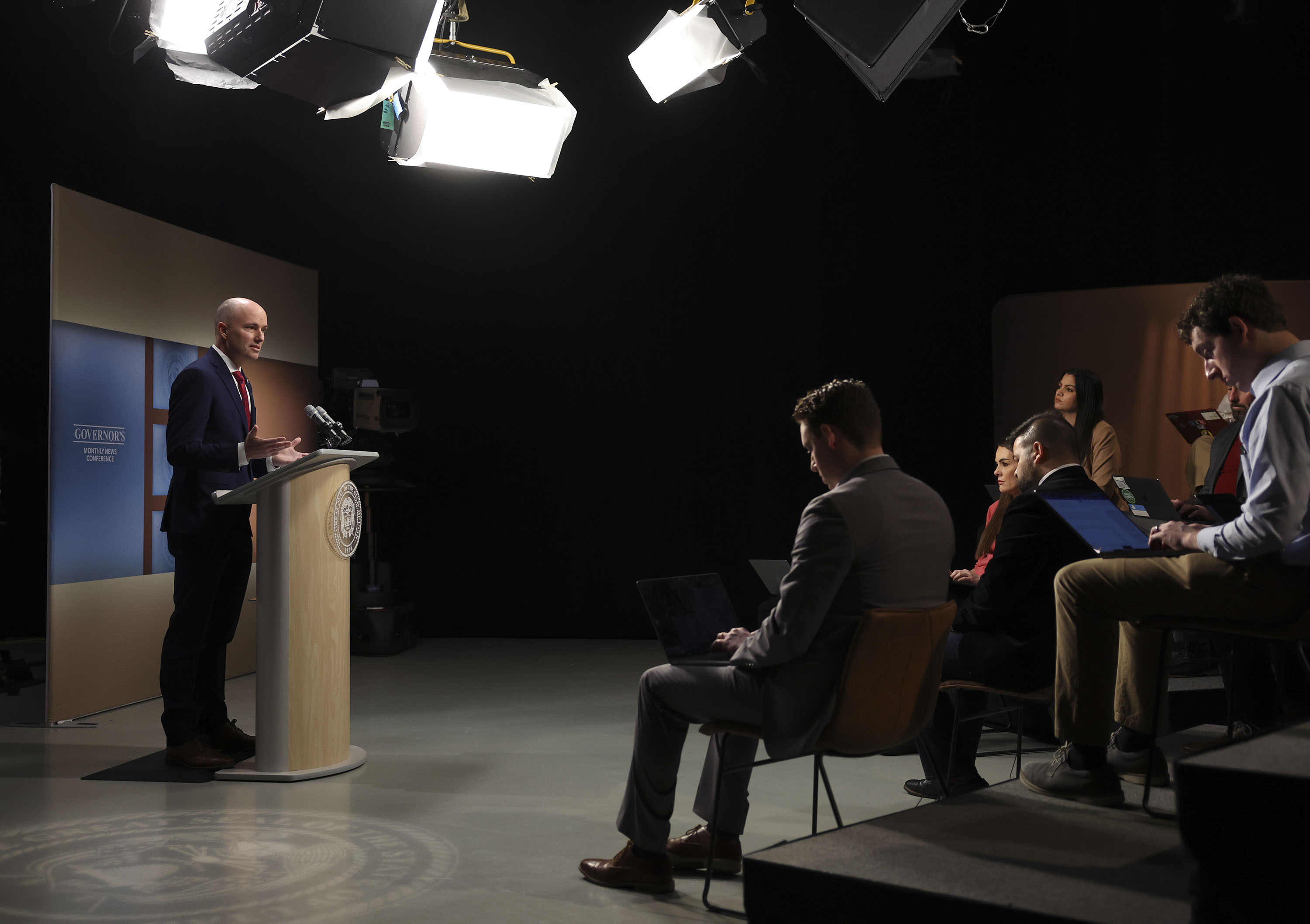 Gov. Spencer Cox speaks to reporters at the PBS monthly news conference at the Eccles Broadcast Center in Salt Lake City on Thursday.