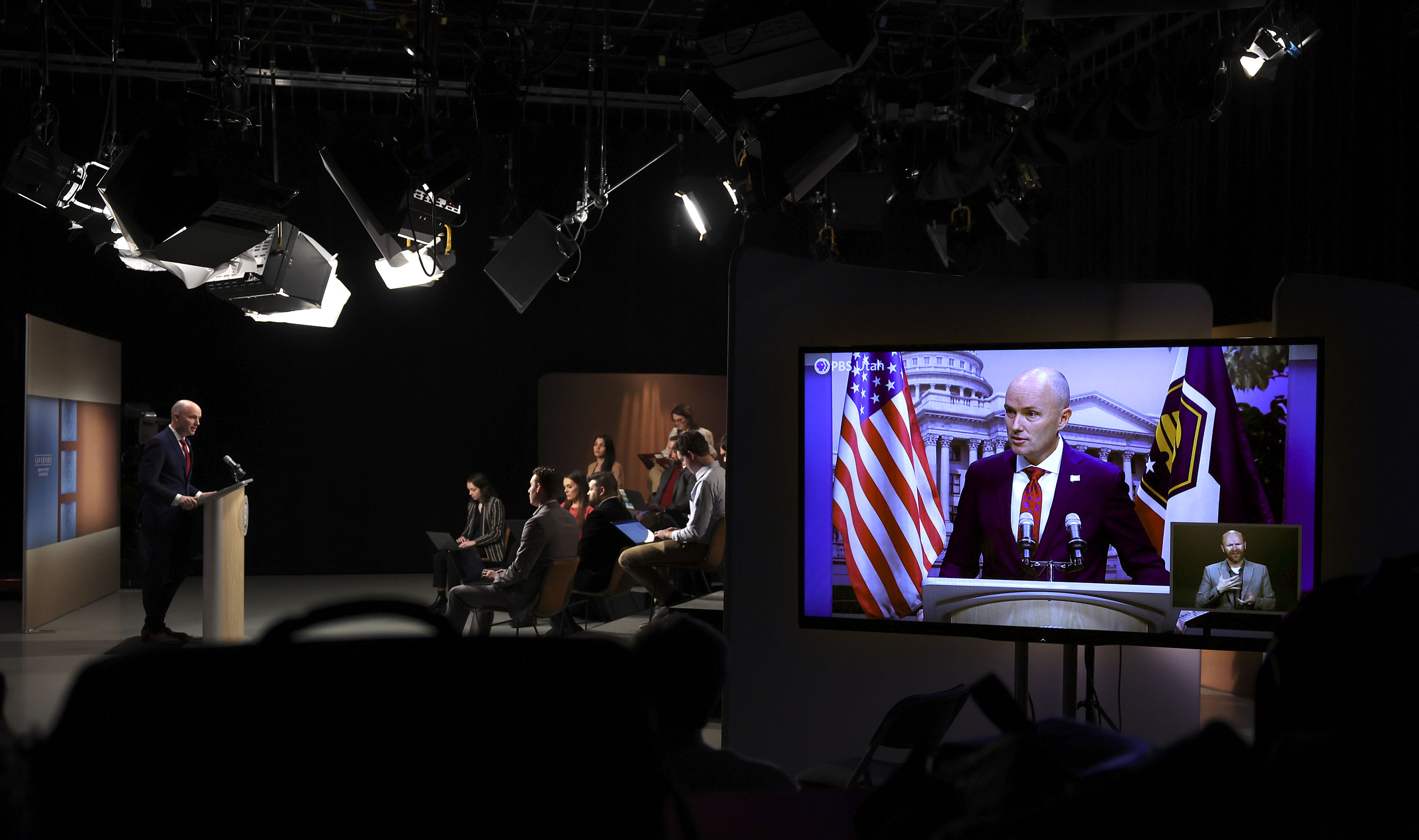 Gov. Spencer Cox speaks to reporters during the PBS monthly news conference at the Eccles Broadcast Center in Salt Lake City on Thursday.