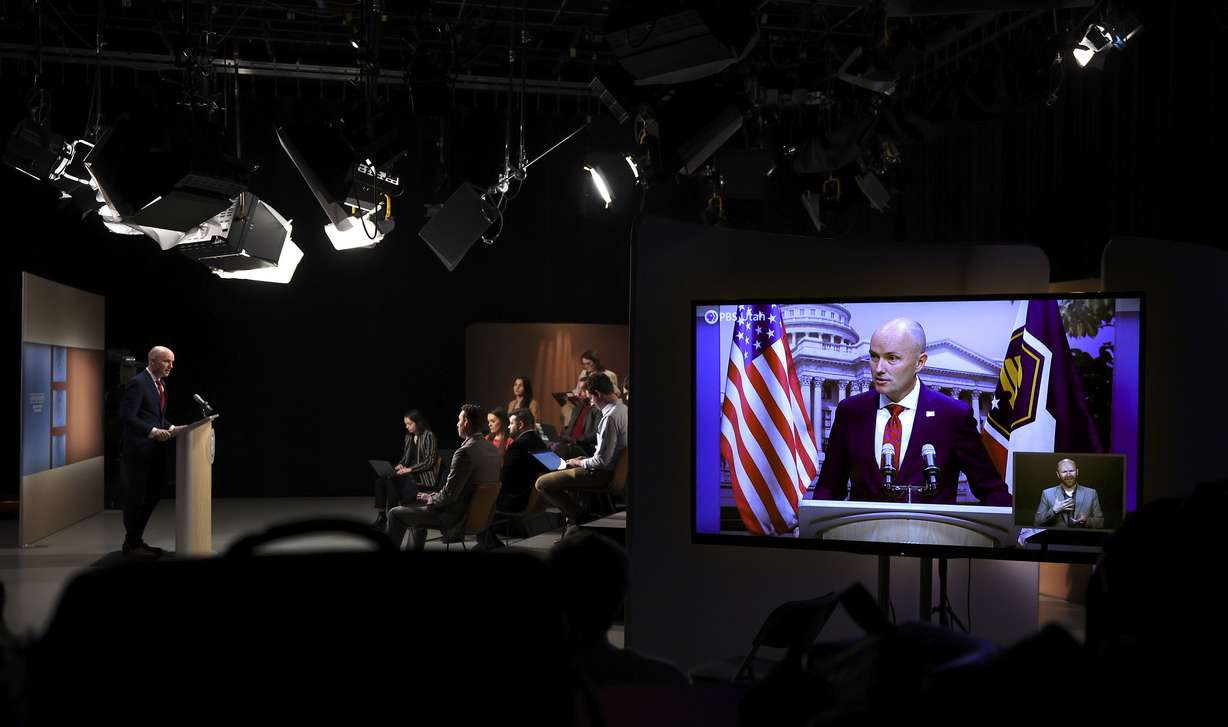 Gov. Spencer Cox speaks to reporters during the PBS monthly news conference at the Eccles Broadcast Center in Salt Lake City on Thursday.