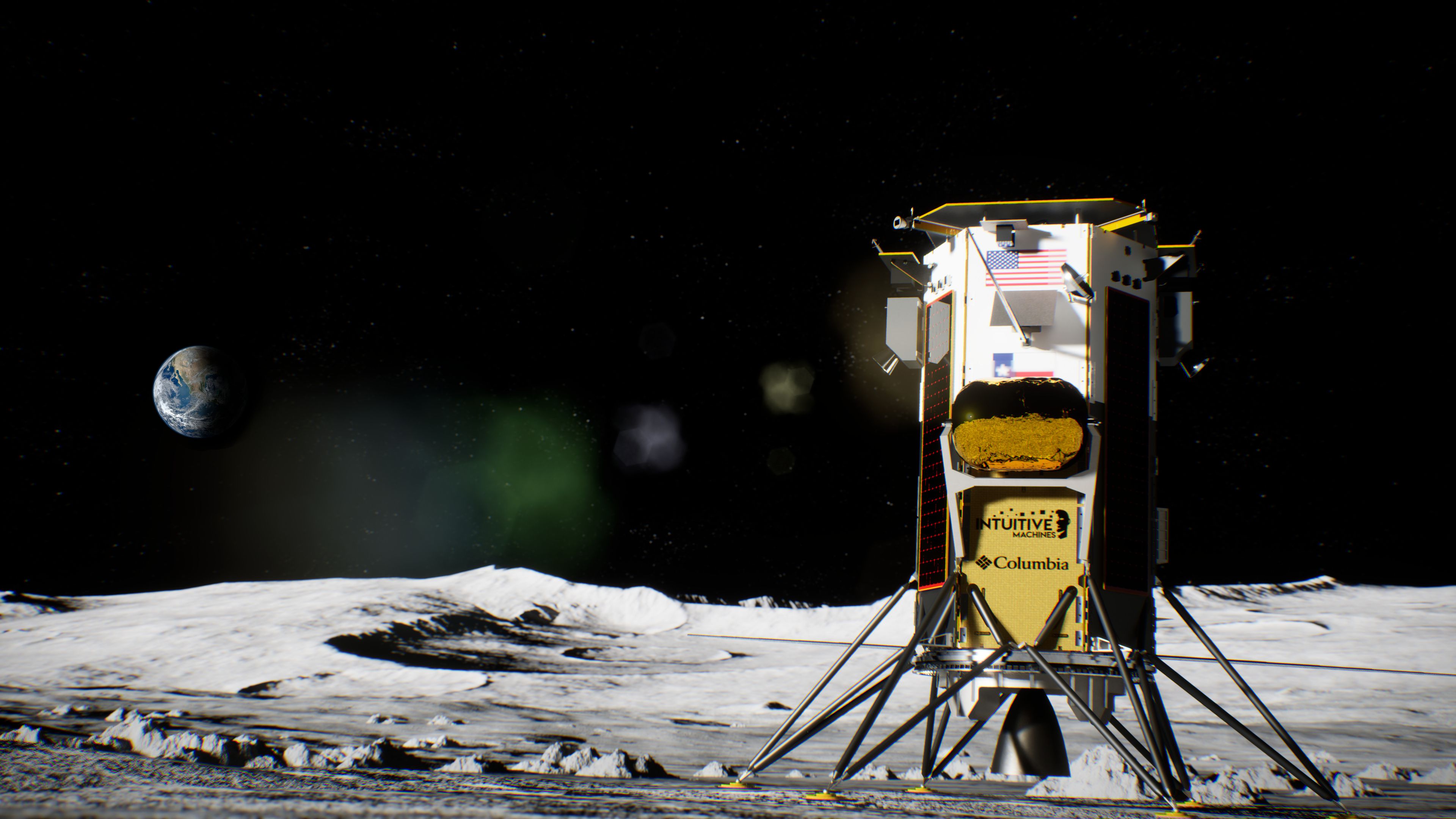 A rendering shows Intuitive Machines’ Nova-C lunar lander on the surface of the moon. Columbia’s Omni-Heat Infinity technology will help protect the lander from the harsh temperatures of space