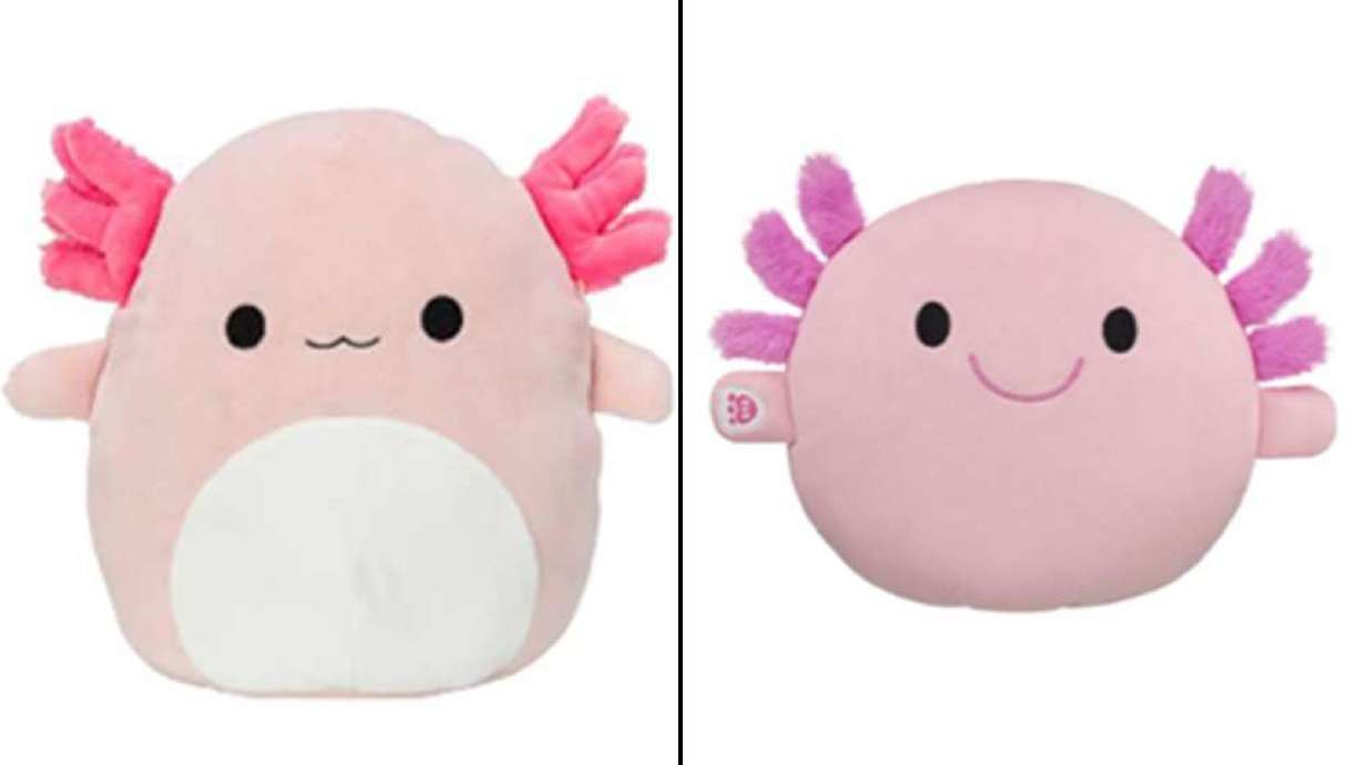 A split image shows a Squishmallows product, left, and a Skoosherz product.