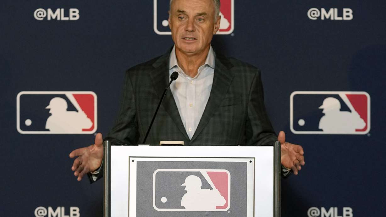 FILE - Major League Baseball commissioner Rob Manfred speaks during a news conference after an owners meeting in Arlington, Texas, Thursday, Nov. 16, 2023. MLB commissioner Rob Manfred said he would be disappointed if the Oakland Athletics don't open their proposed Las Vegas ballpark at the start of the 2028 season and expressed skepticism about big leaguers appearing in that year's Olympics, during a news conference following an owners meeting in Orlando, Fla., Thursday Feb. 8, 2024.
