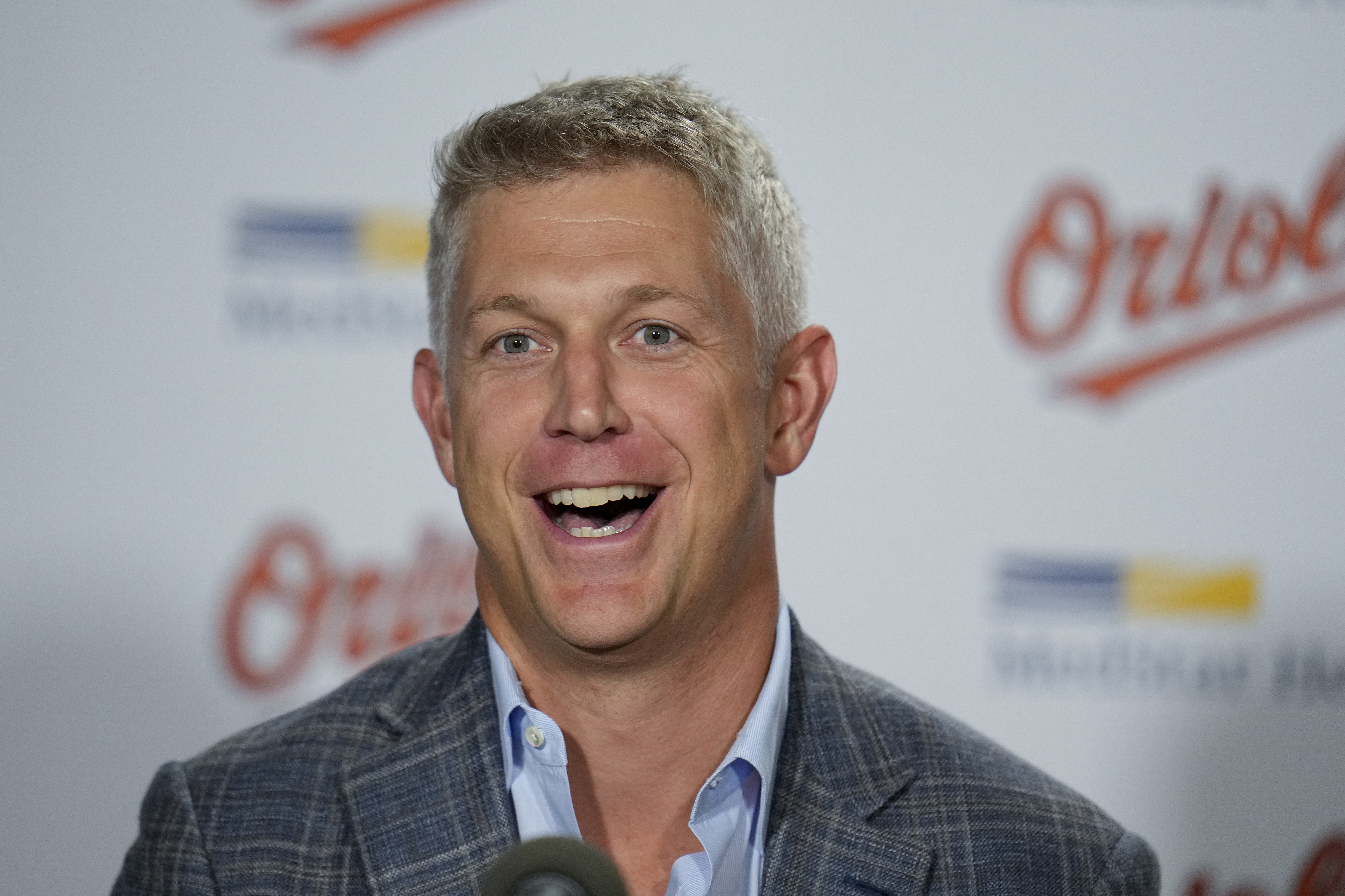 FILE - Baltimore Orioles general manager Mike Elias speaks prior to a baseball game between the Orioles and the Tampa Bay Rays, Sept. 15, 2023, in Baltimore. On the day they held their first official workout, the Orioles announced that pitcher Kyle Bradish would open the season on the injured list with a sprained ulnar collateral ligament. Orioles general manager Mike Elias said Bradish had received a platelet-rich plasma injection to treat the injury. 