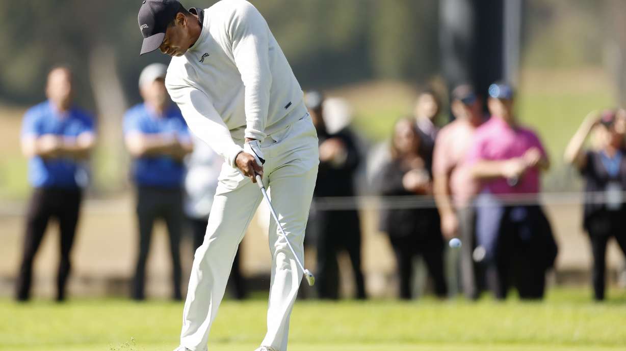 Tiger Woods hits from the 11th fairway during the first round of the Genesis Invitational golf tournament at Riviera Country Club, Thursday, Feb. 15, 2024, in the Pacific Palisades area of Los Angeles.
