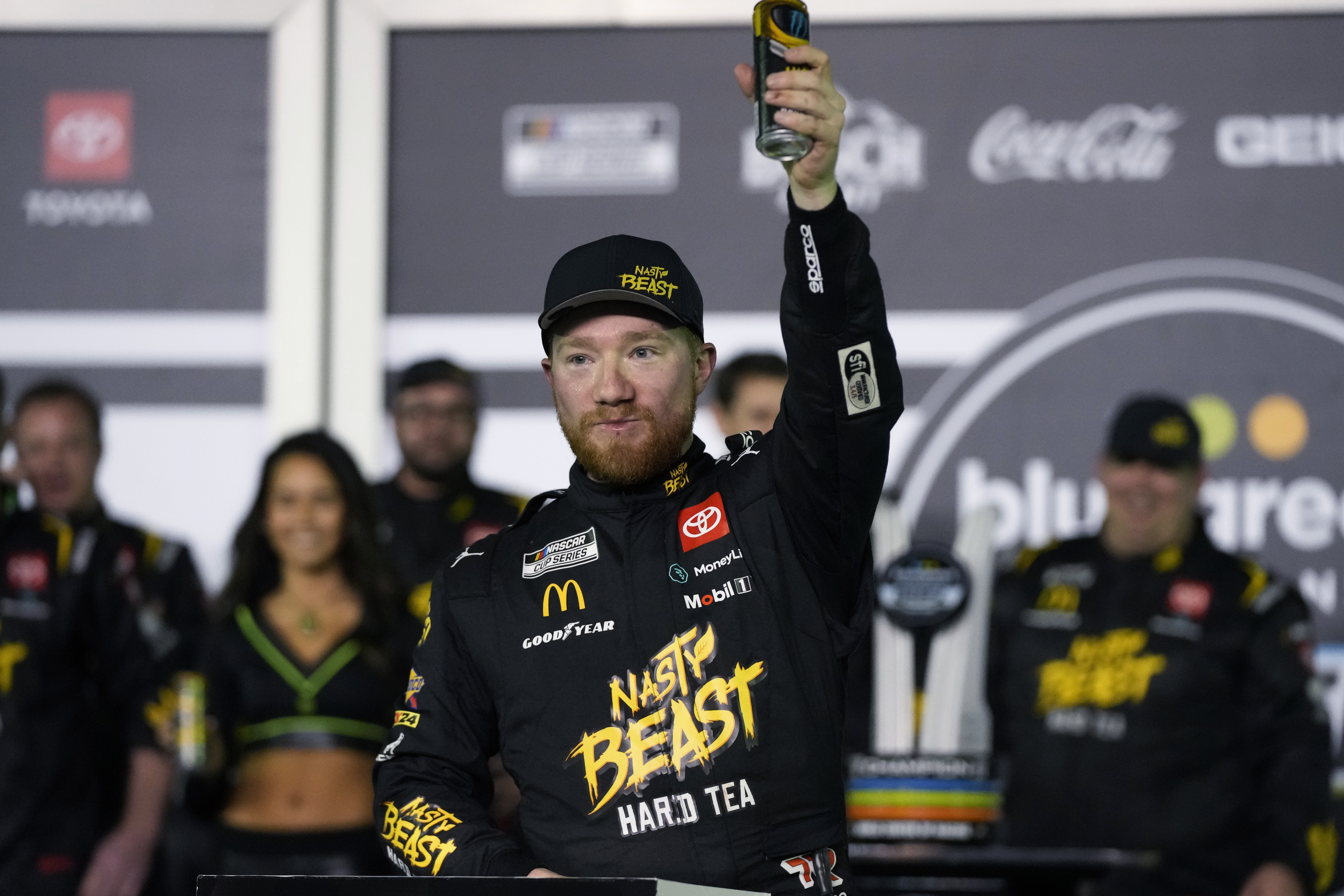 Tyler Reddick celebrates in Victory Lane after winning the first of two NASCAR Daytona 500 qualifying auto races at Daytona International Speedway, Thursday, Feb. 15, 2024, in Daytona Beach, Fla. 