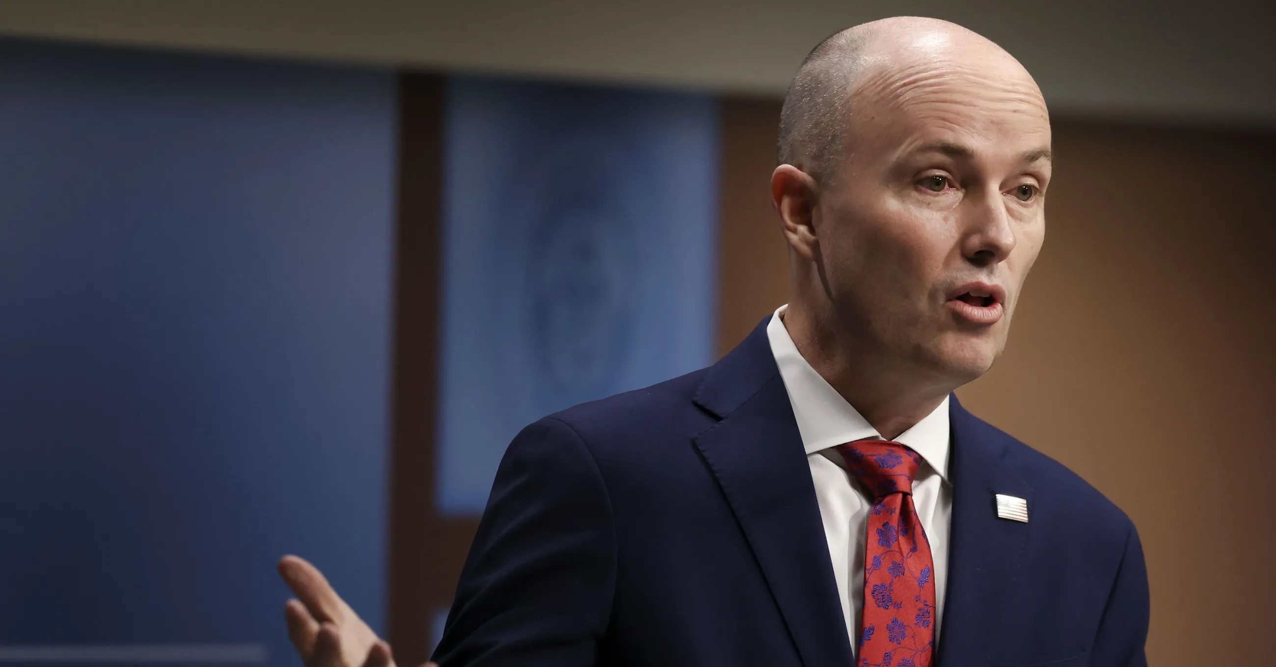 Gov. Spencer Cox speaks to reporters at the PBS monthly news conference at the Eccles Broadcast Center in Salt Lake City on Thursday.