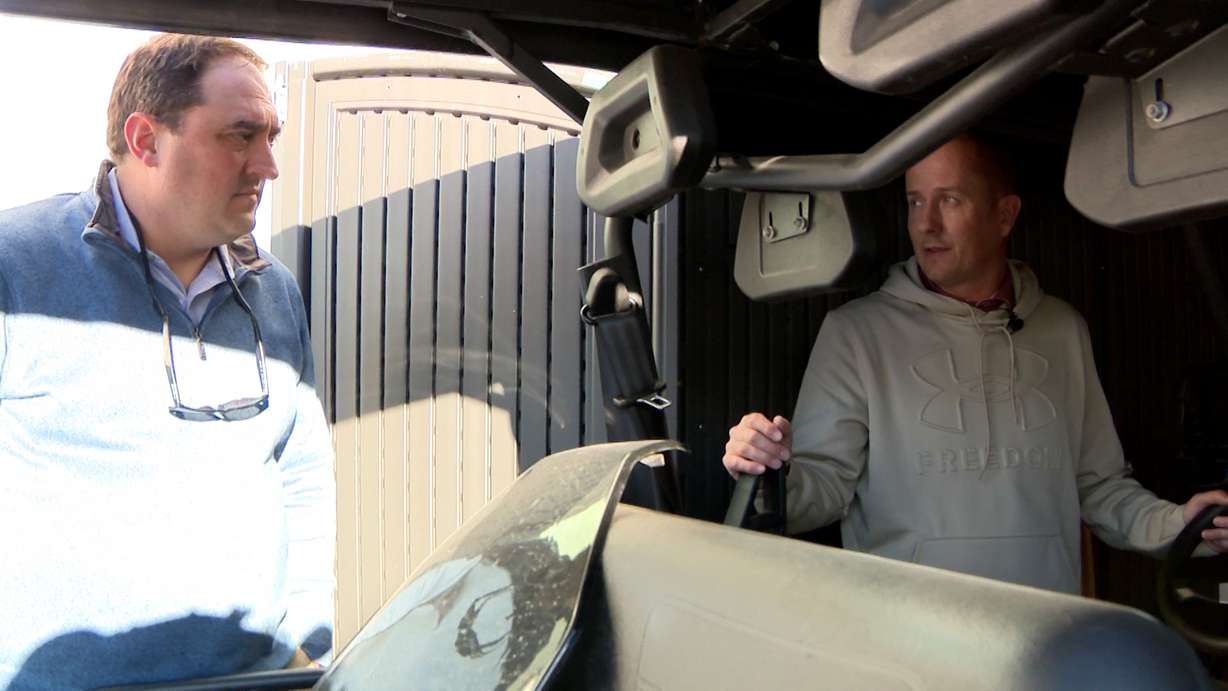 Bryan Jorgensen shows KSL’s Matt Gephardt a golf cart he says was rendered a lemon by a manufacturing default.