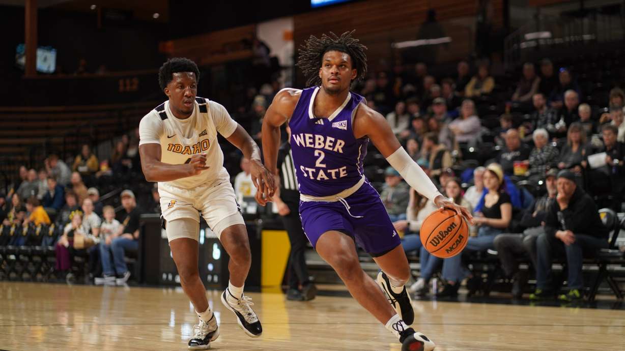 Weber State's Dillon Jones drives to the rim during a game against Idaho, Thursday, Feb. 15, 2024 in Moscow, Idaho.