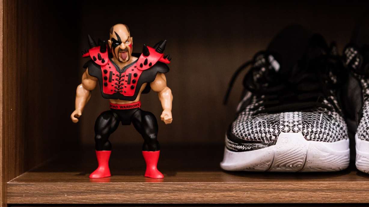 An action figure of late professional wrestler "Hawk," half of the famous tag team known as The Road Warriors/Legion of Doom, was gifted to Utah Jazz guard Kris Dunn by head coach Will Hardy.