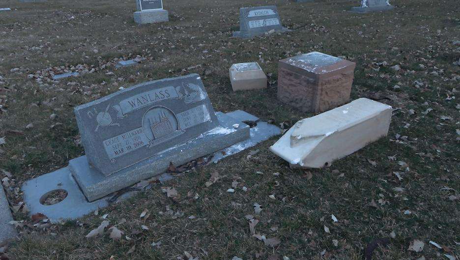 Headstones sit damaged in the Grantsville City Cemetery in Grantsville on Thursday.