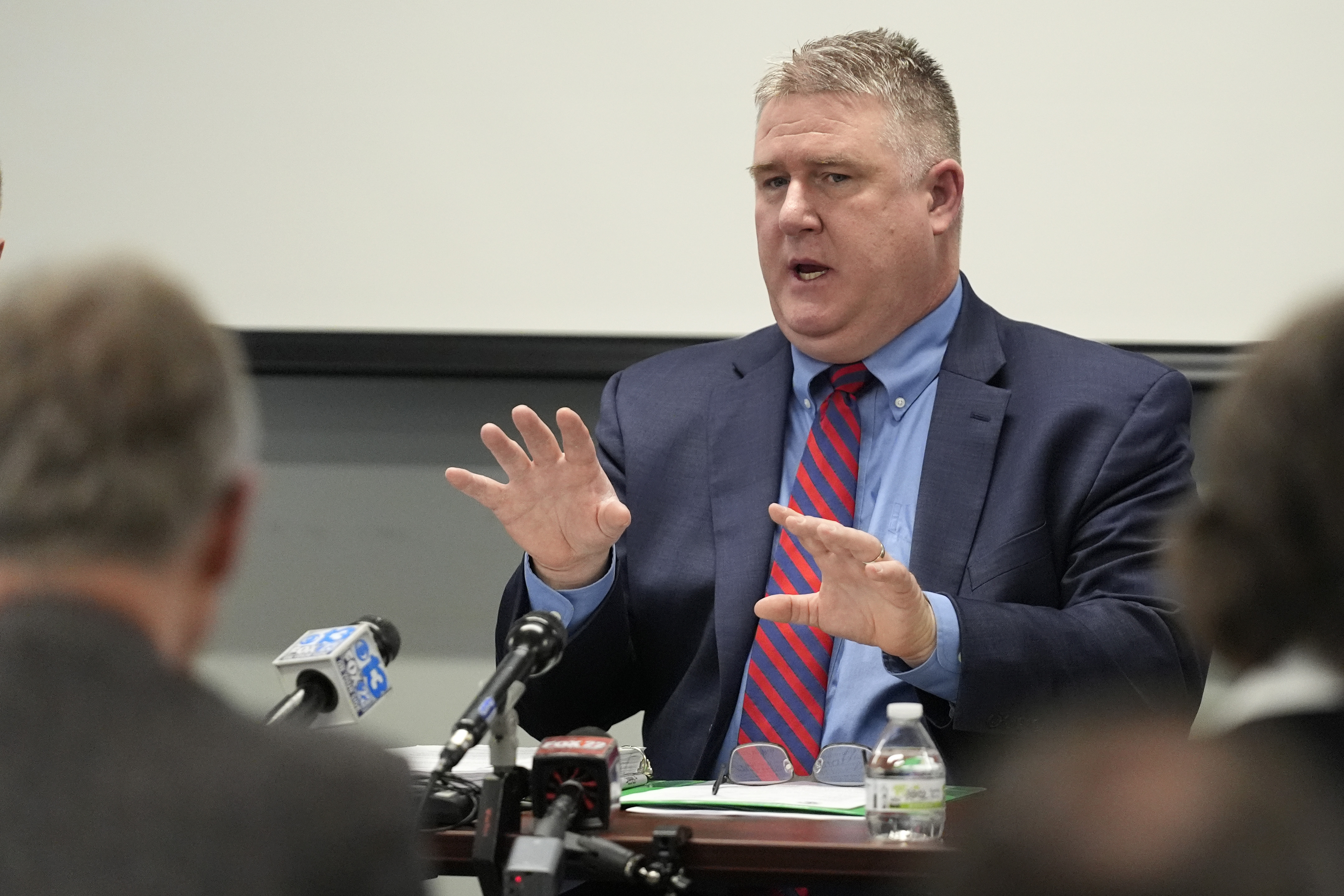 Col. William G. Ross of the Maine State Police testifies, Thursday in Augusta, Maine, during a hearing of the independent commission investigating the law enforcement response to the mass shooting in Lewiston, Maine. 