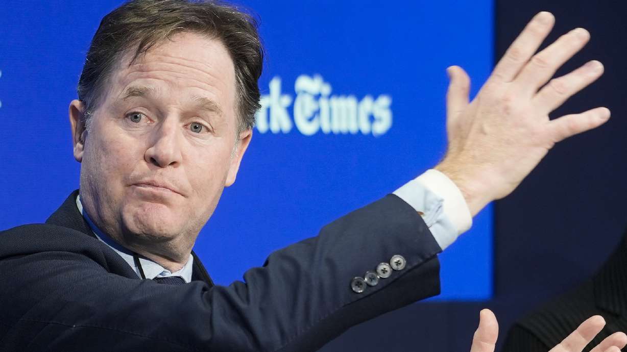 Meta's president of global affairs Nick Clegg speaks in Davos, Switzerland, Jan. 18. Big tech companies are adopting a new voluntary framework for how they will respond to AI-generated deepfakes that deliberately trick voters.