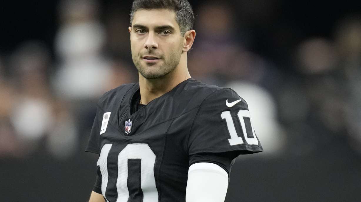 FILE - Las Vegas Raiders quarterback Jimmy Garoppolo (10) is shown before an NFL football game against the Denver Broncos, Sunday, Jan. 7, 2024, in Las Vegas. The NFL announced Friday, Feb. 16, that Raiders quarterback Jimmy Garoppolo was suspended for the first two games of next season for violating performance-enhancing drugs policy of the league and NFL Players Association.