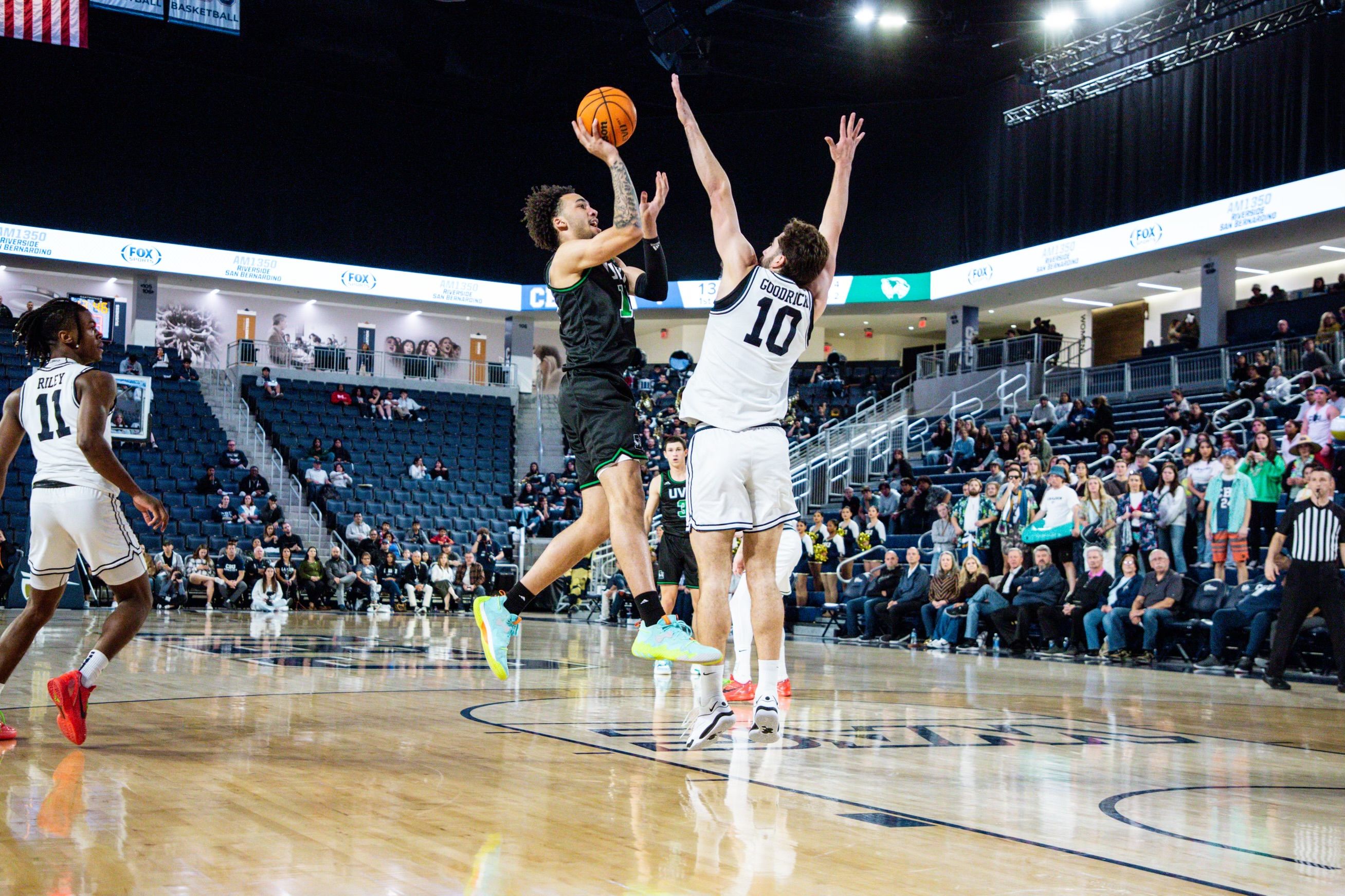 Osiris Grady had eight points, while Jaden McClanahan had six and Tanner Toolson helped with five against California Baptist, Feb. 15, 2024 in Irvine, California.