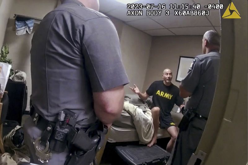 New York State police interview Army Reservist Robert Card, the man later responsible for Maine's deadliest mass shooting, at Camp Smith in Cortlandt, New York on July 16, 2023.