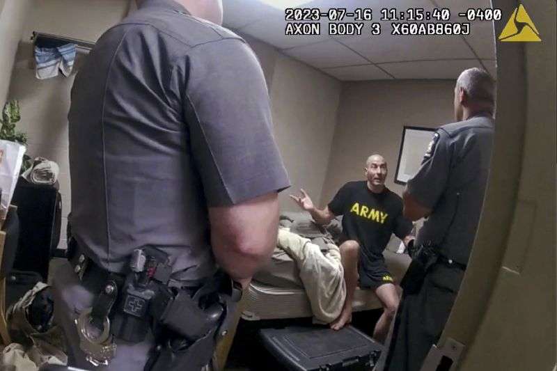 New York State police interview Army Reservist Robert Card, the man later responsible for Maine's deadliest mass shooting, at Camp Smith in Cortlandt, New York on July 16, 2023.