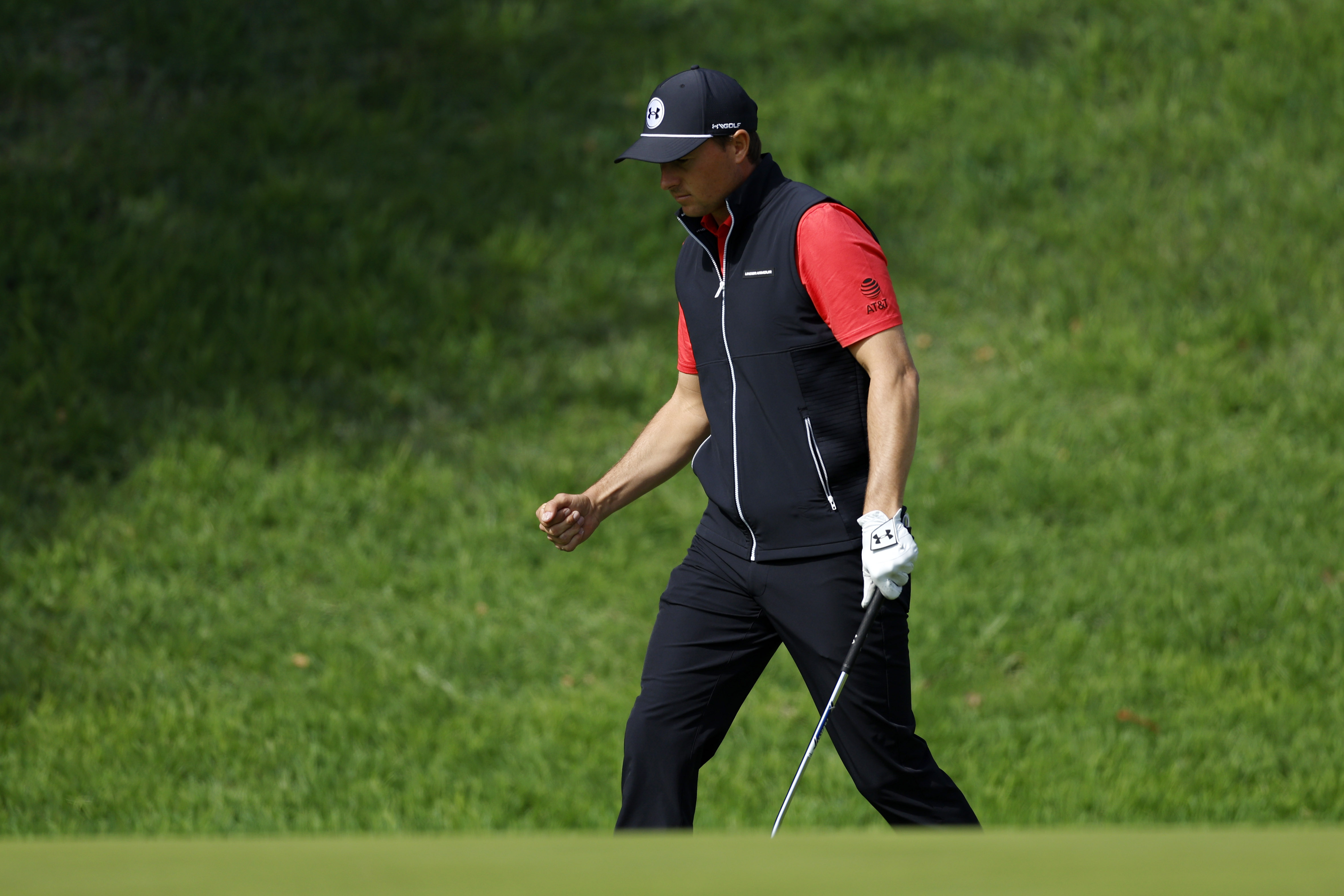 Jordan Spieth reacts after chipping in for birdie on the fifth hole during the second round of the Genesis Invitational golf tournament at Riviera Country Club Friday, Feb. 16, 2024, in the Pacific Palisades area of Los Angeles. 