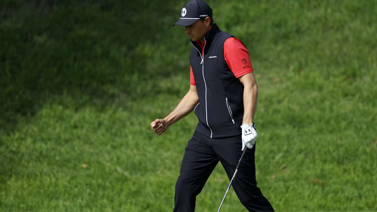 Jordan Spieth reacts after chipping in for birdie on the fifth hole during the second round of the Genesis Invitational golf tournament at Riviera Country Club Friday, Feb. 16, 2024, in the Pacific Palisades area of Los Angeles.
