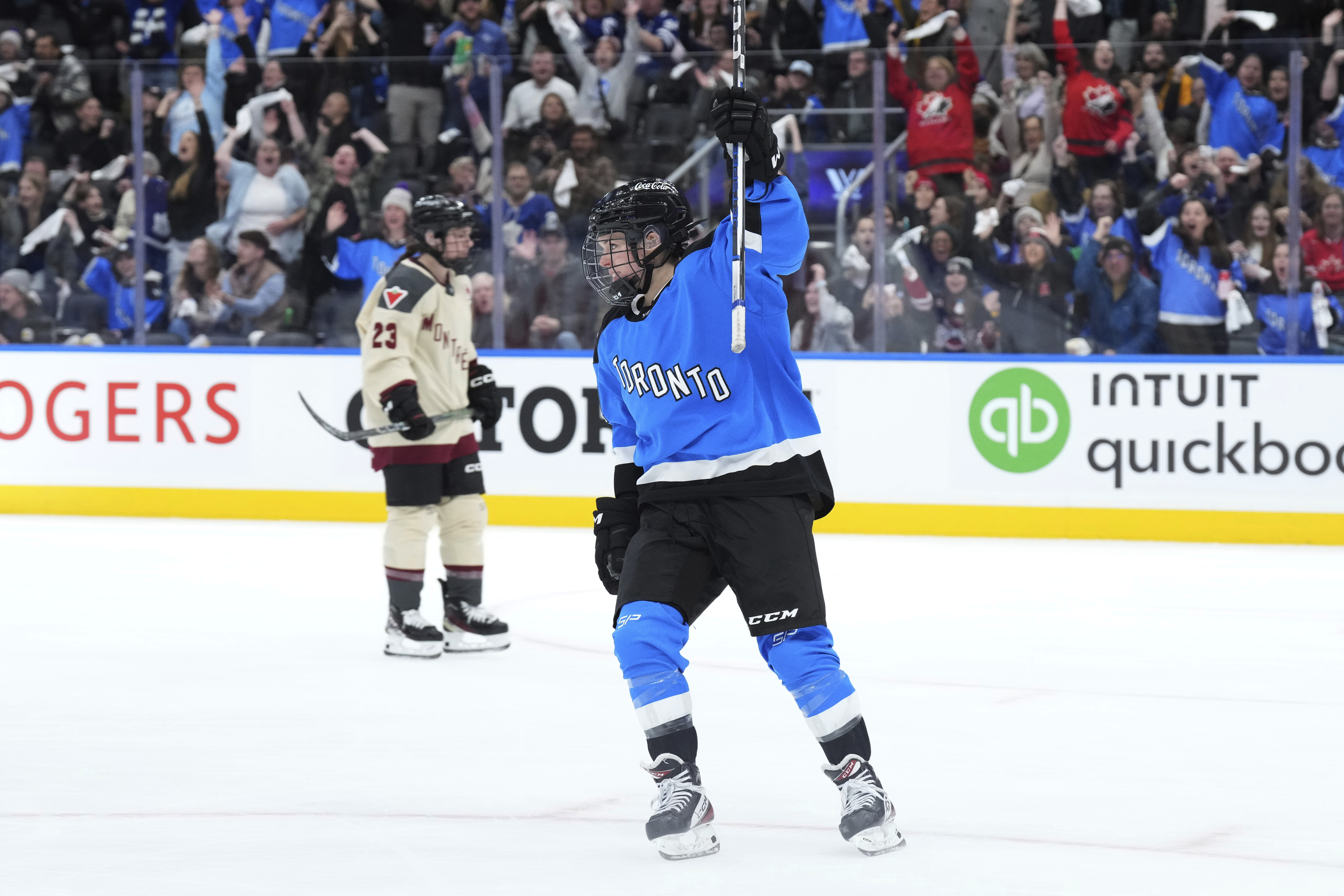 Toronto's Victoria Bach celebrates after scoring against Montreal during the third period of a PWHL hockey game Friday, Feb. 16, 2024, in Toronto.