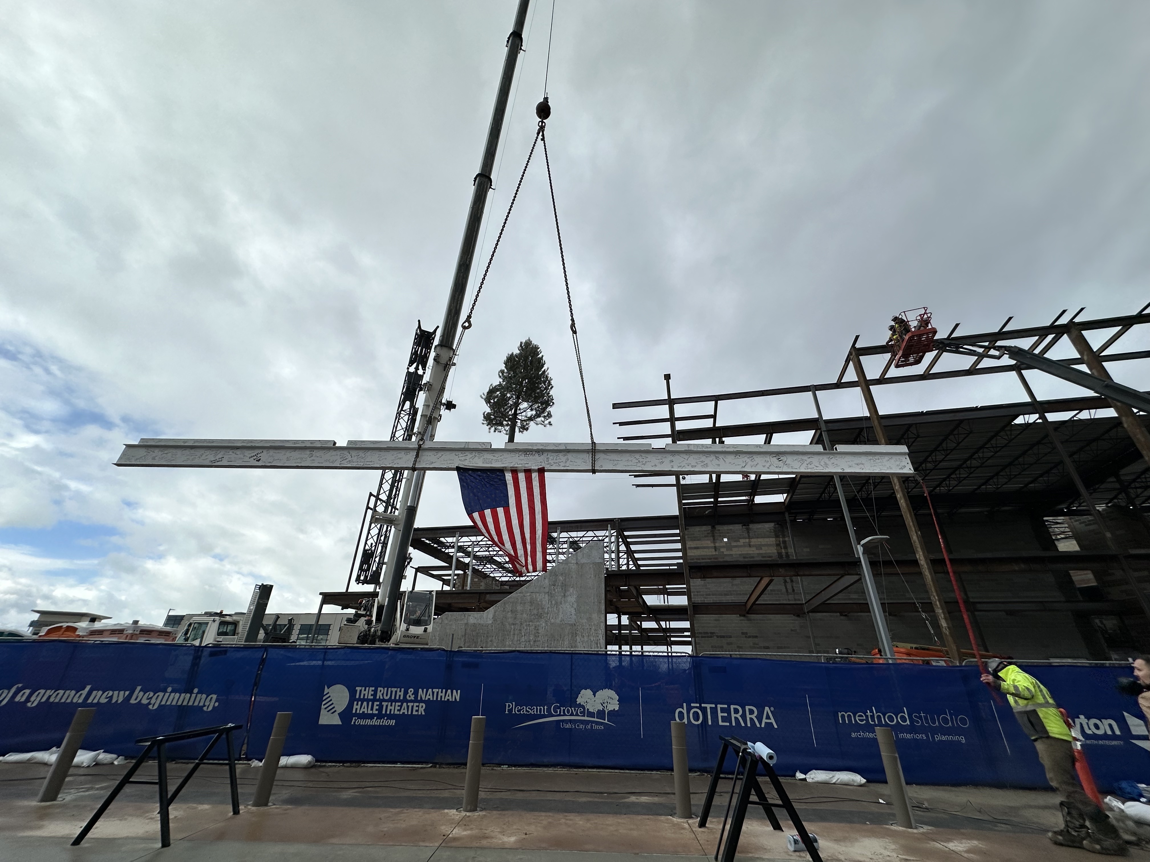 Actors, construction workers and appreciators of the theater celebrated a milestone of construction during a beam-raising ceremony for the Ruth and Nathan Hale Theater in Pleasant Grove on Thursday.