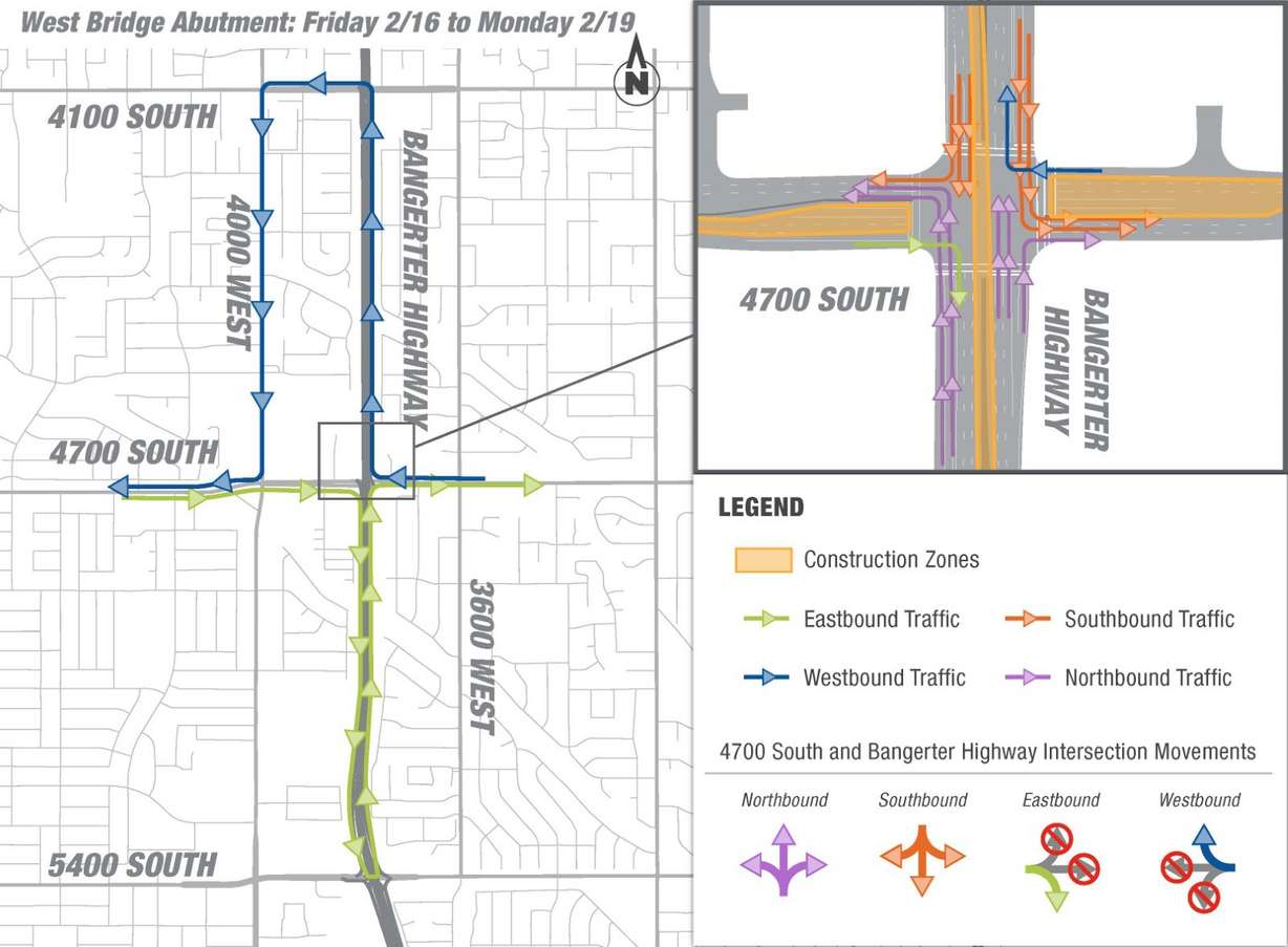 A map shows drivers how to navigate around the closure planned for Bangerter Highway at 4700 South on Saturday and Sunday.