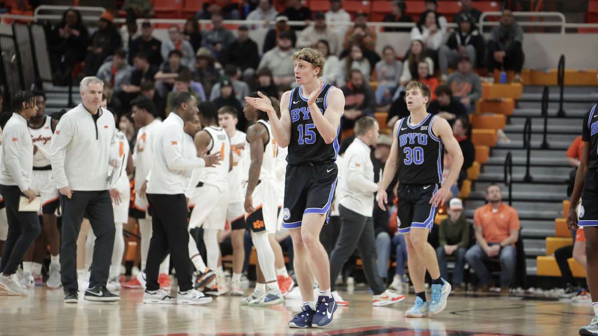 BYU wing Richie Saunders (15) claps during the No. 19 Cougars' game against Oklahoma State, Saturday, Feb. 17, 2024 at Gallagher-Iba Arena in Stillwater, Oklahoma.