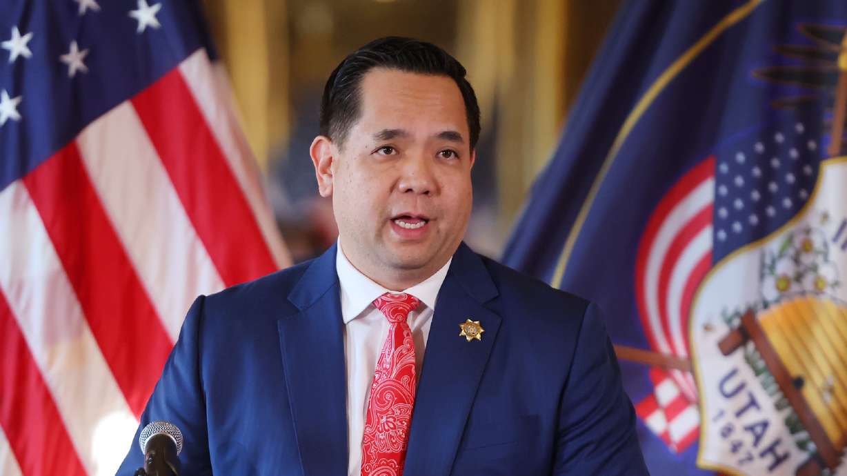 Utah Attorney General Sean Reyes speaks at a press conference in the Gold Room at the Capitol on Monday, Jan. 23, 2023. Reyes and 20 other attorneys general sent a letter to large asset managers, in 2023, raising concerns about ESG investing.