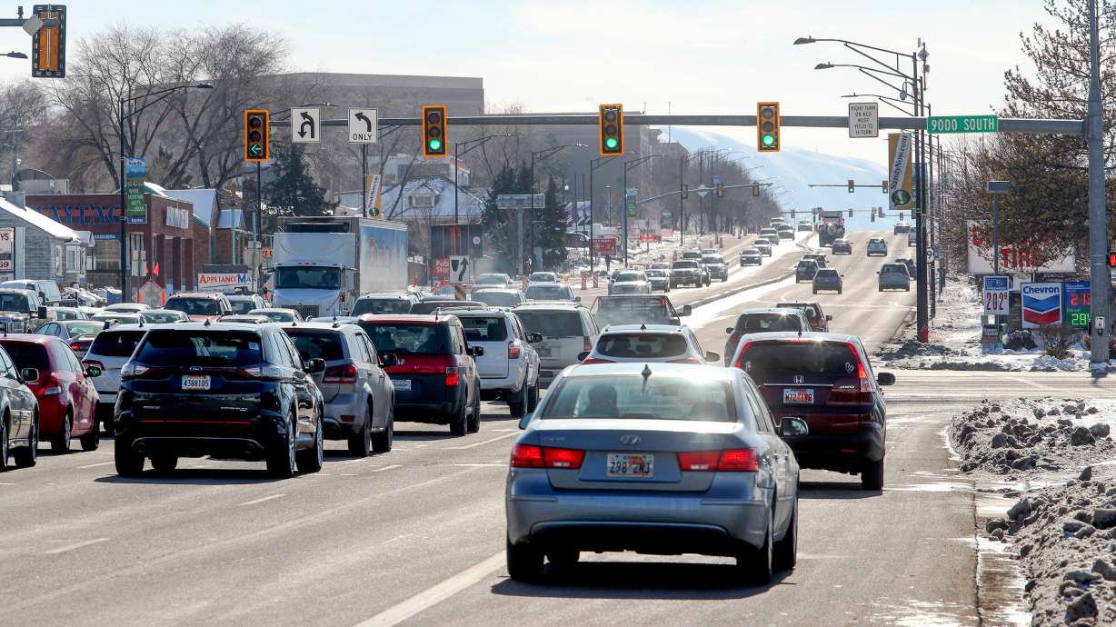 Cars stack up a the light at State Street and 9000 South in Sandy on Jan. 25, 2019. A legislative committee has approved $3 million for a pedestrian bridge near this location.