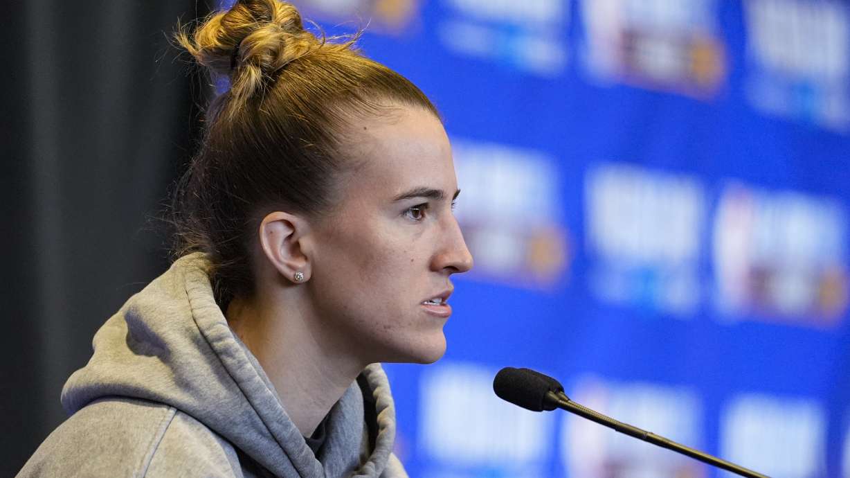 New York Liberty guard Sabrina Ionesco answers a question during media day the the NBA All-Star basketball game in Indianapolis, Saturday, Feb. 17, 2024.