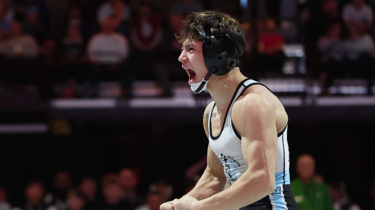 Layton's Geronimo Rivera celebrates his win at 126 lbs. in the 6A boys wrestling state championships at UVU in Orem on Saturday, Feb. 17, 2024.