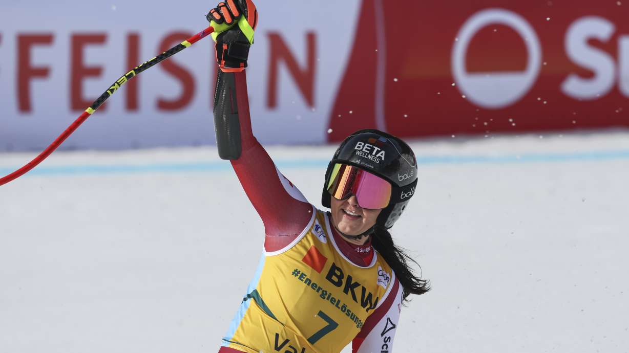 Austria's Stephanie Venier gets to the finish area after completing an alpine ski, women's World Cup super-G, in Crans Montana, Switzerland, Sunday, Feb. 18, 2024.