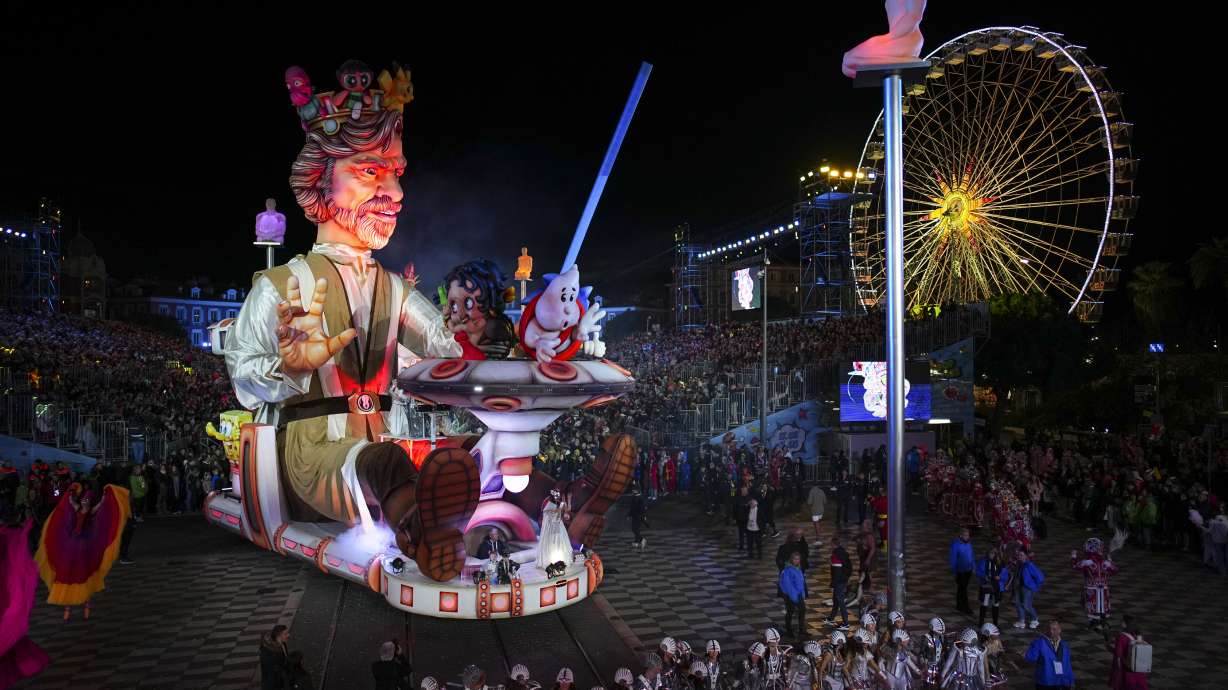 A carnival float depicting a king parades through Place Massena during the opening ceremony of 151st edition of the Nice Carnival in Nice, southern France, Saturday, Feb. 17, 2024.