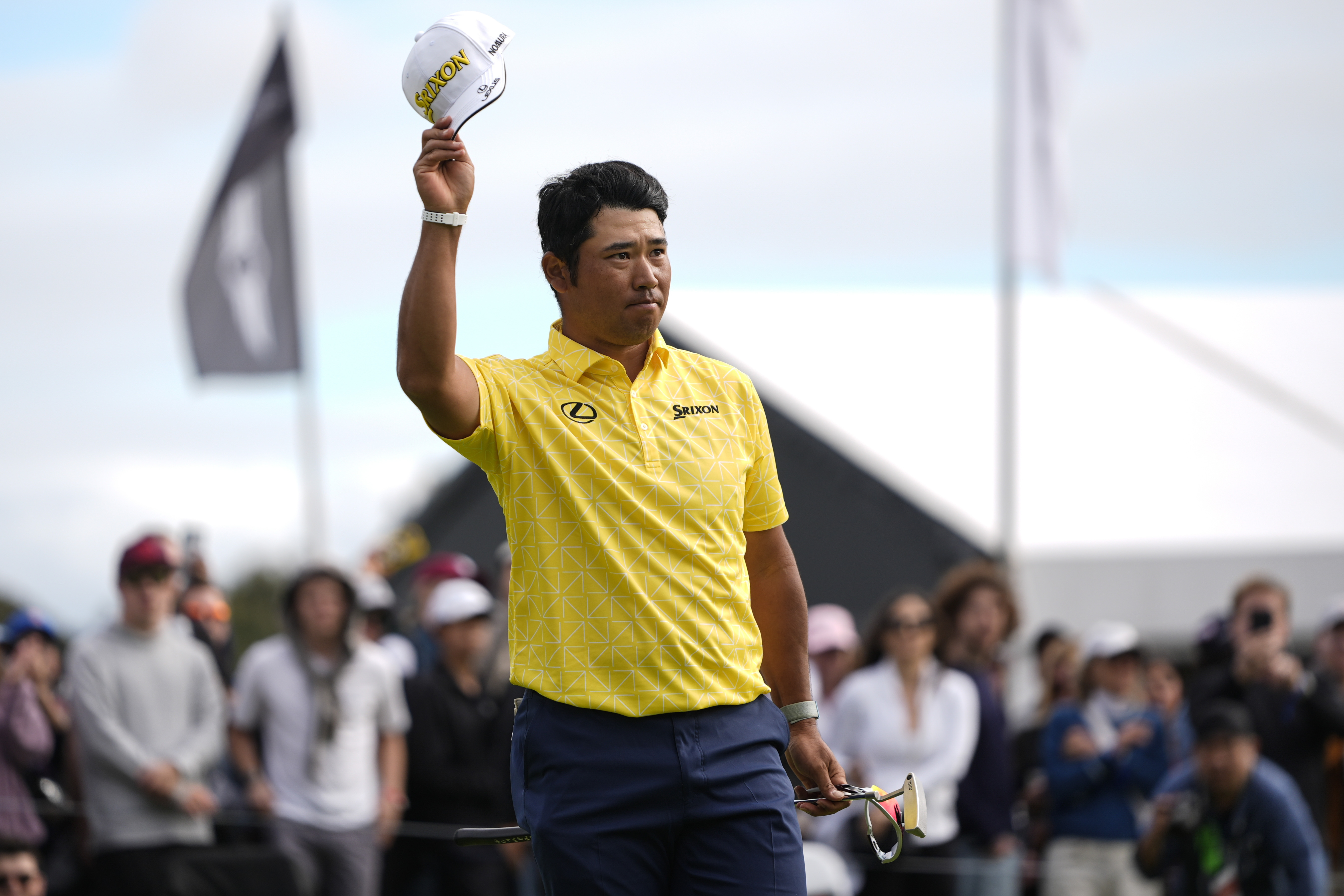 Hideki Matsuyama, of Japan, celebrates his win on the 18th green during the final round of the Genesis Invitational golf tournament at Riviera Country Club, Sunday, Feb. 18, 2024, in the Pacific Palisades area of, Los Angeles.