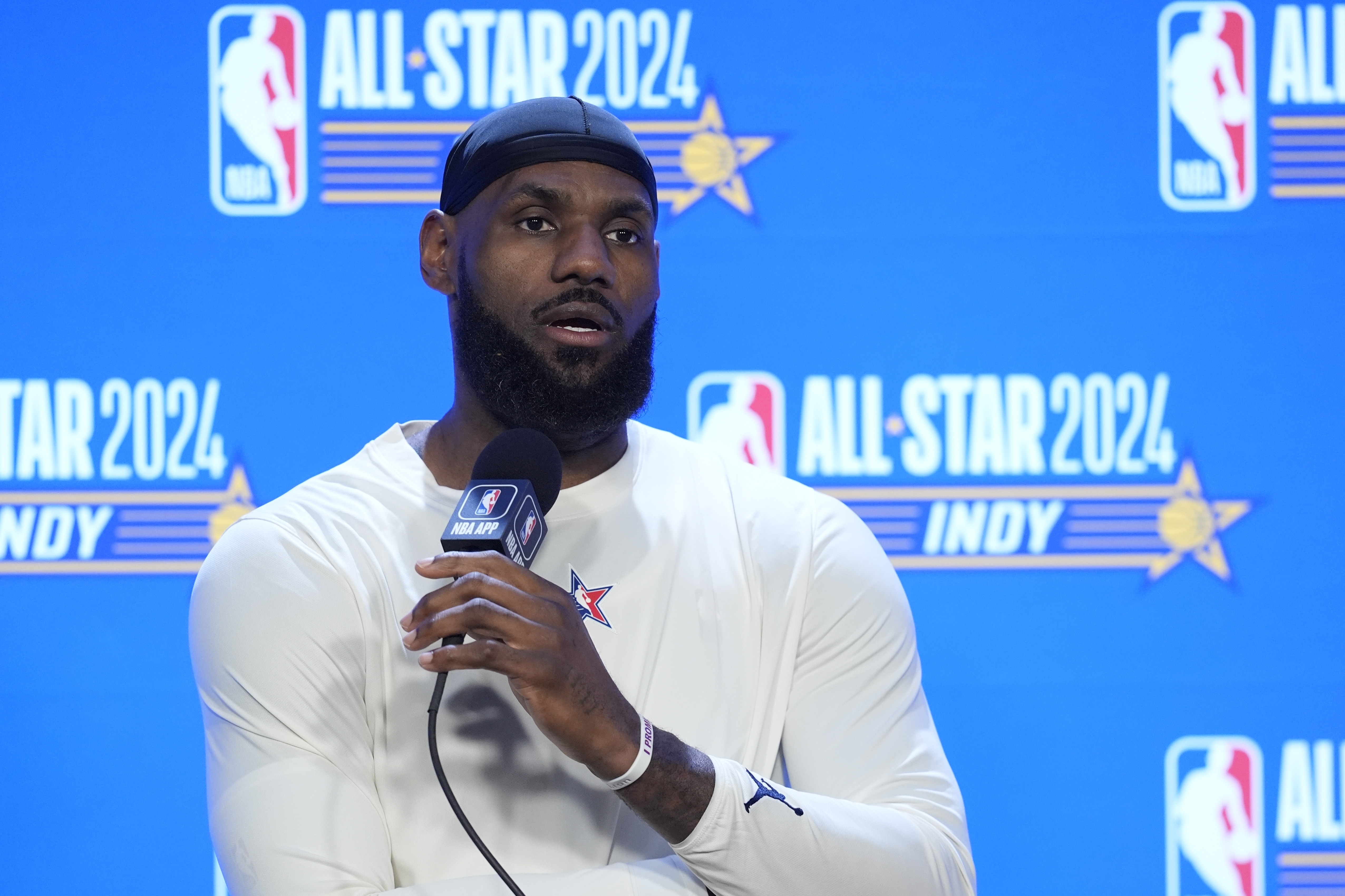 Los Angeles Lakers' LeBron James speaks during a news conference before the NBA basketball All-Star game, Sunday, Feb. 18, 2024, in Indianapolis.
