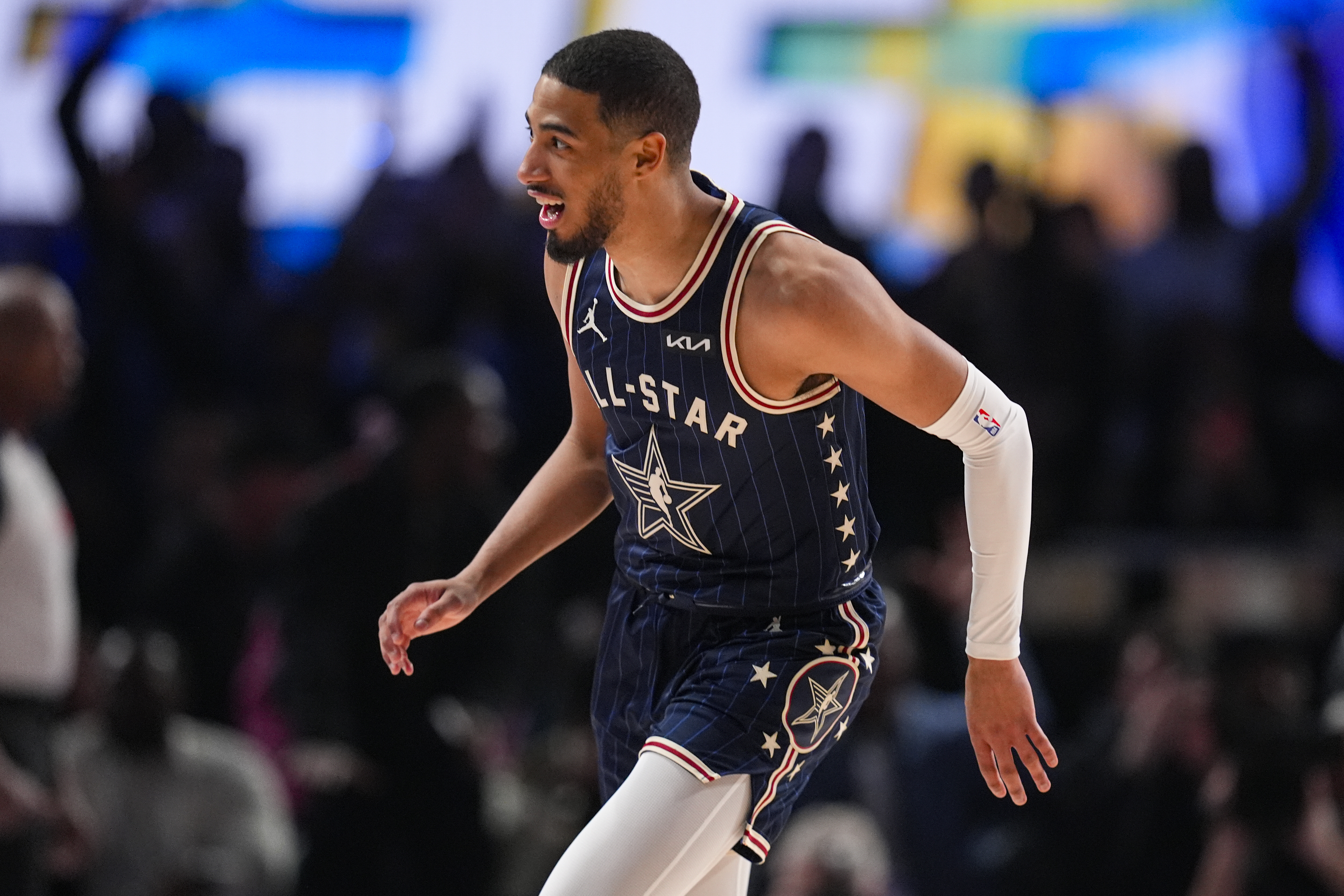 Indiana Pacers guard Tyrese Haliburton (0) plays during the first half of an NBA All-Star basketball game in Indianapolis, Sunday, Feb. 18, 2024. 