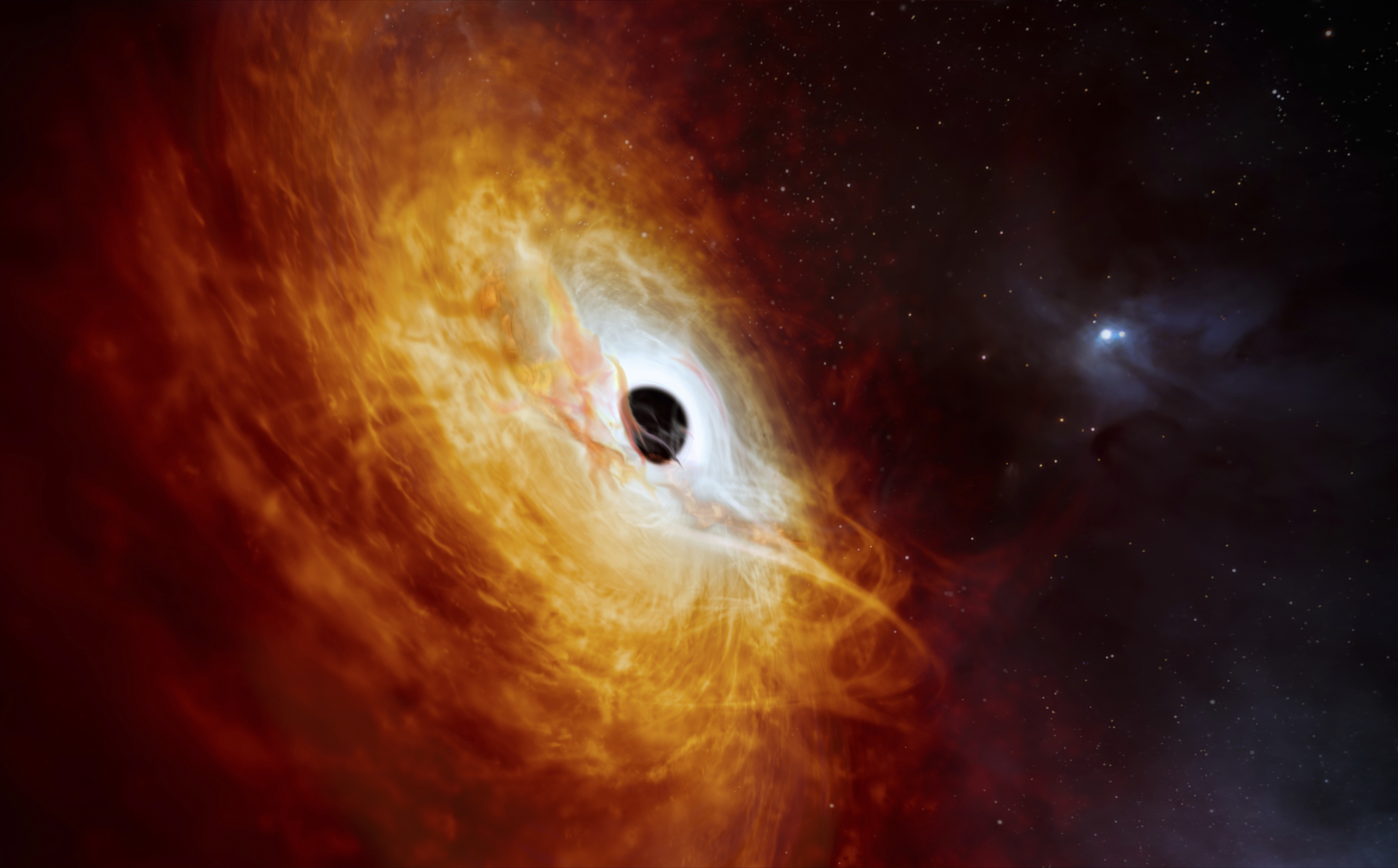 This illustration provided by the European Southern Observatory in February, depicts the record-breaking quasar J059-4351, the bright core of a distant galaxy that is powered by a supermassive black hole. 