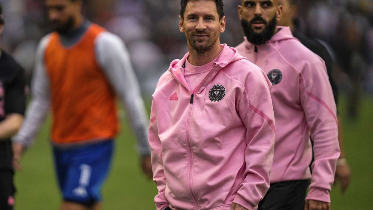 FILE - Inter Miami's Lionel Messi, center, looks on after the first half of the friendly football match between Hong Kong Team and US Inter Miami CF at the Hong Kong Stadium in Hong Kong, Sunday, Feb. 4, 2024. Inter Miami's global tour of exhibition games, thought they are about promotion and marketing, hope to build a new brand by using stars like Messi and Uruguayan Luis Suarez. Instead, the tour is getting mostly bad PR and results that have not been much better.