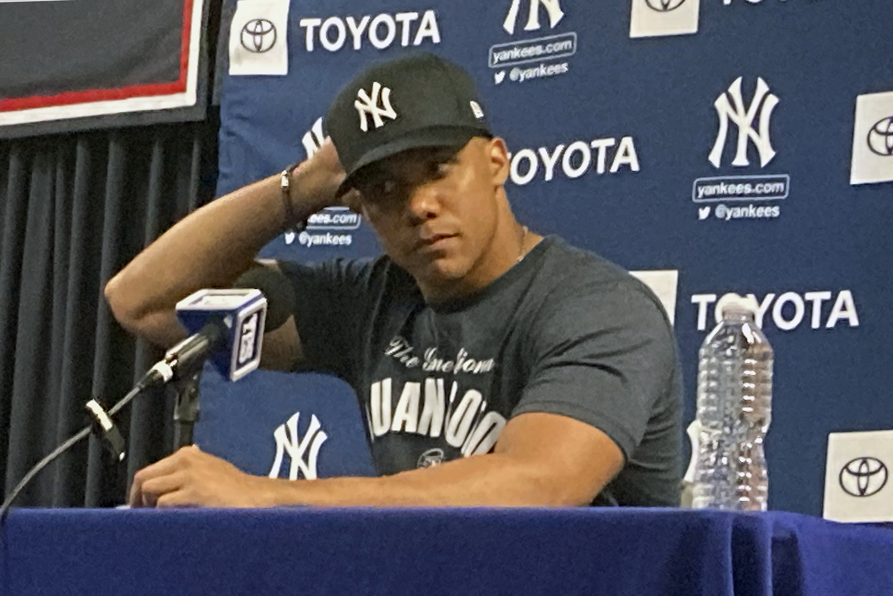 Newly acquired New York Yankees' Juan Soto attends a media availability at baseball spring training in Tampa, Fla., Monday, Feb. 19, 2024. 