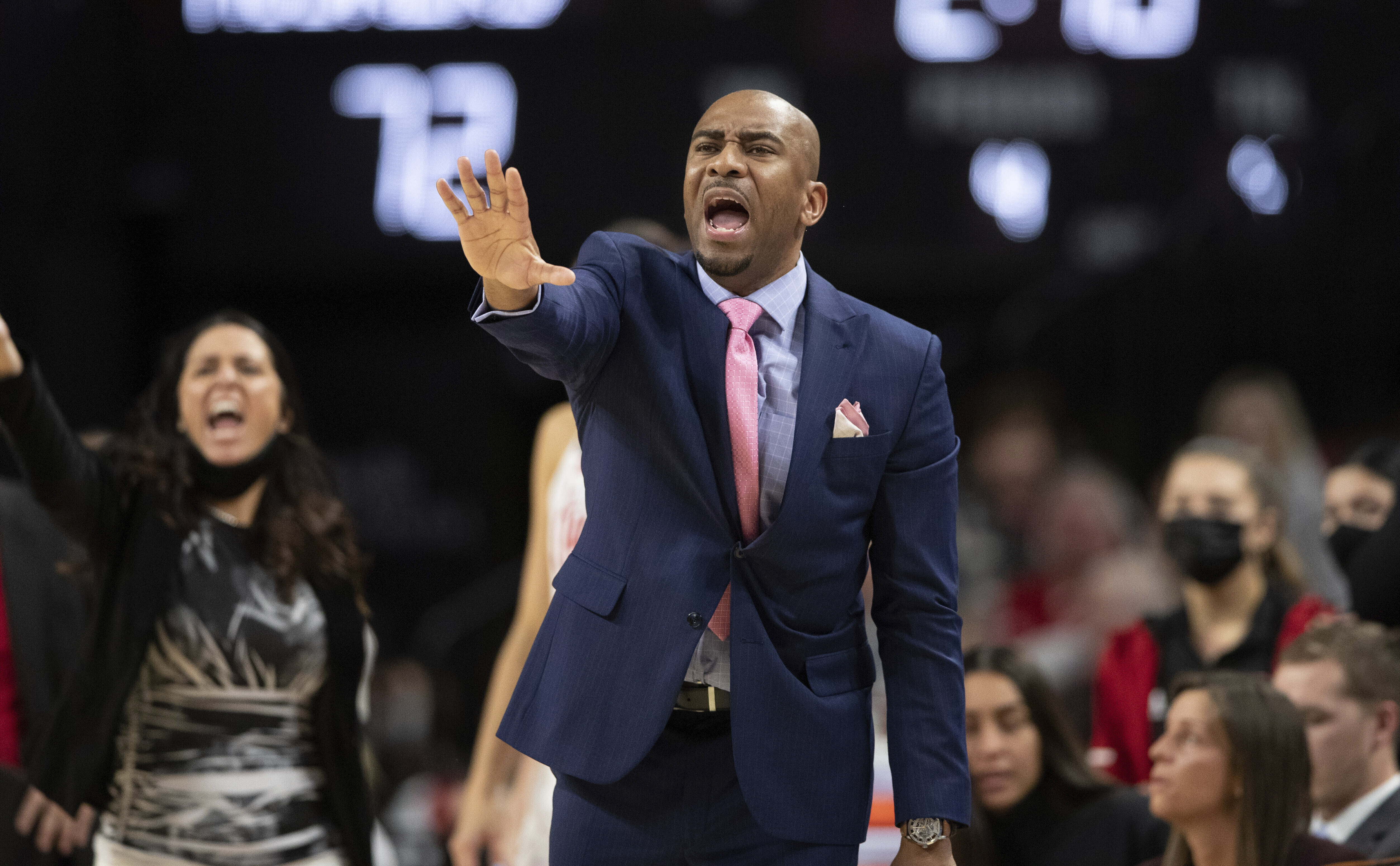 FILE - Nebraska associate head coach Chuck Love speaks to players from the sideline as they play against Michigan during the second half of an NCAA college basketball game Tuesday, Jan. 4, 2022, in Lincoln, Neb. A former Nebraska women's basketball player alleges coach Amy Williams and athletic director Trev Alberts did not take appropriate action when her sexual relationship with an assistant coach became widely known. Ashley Scoggin filed a civil lawsuit on Sunday, Feb. 18, 2024, in U.S. District Court describing how Love allegedly took a special interest in her and how the relationship turned sexual and caused Scoggin to fear retaliation if she refused to engage in it. 