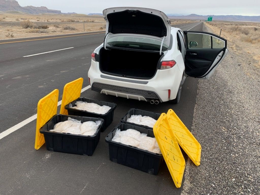 A California man faces a potential charge of possession of methamphetamine with the intent to distribute it after the discovery of some 260 pounds of the drug in his car after he was stopped for allegedly speeding in Emery County Sunday.