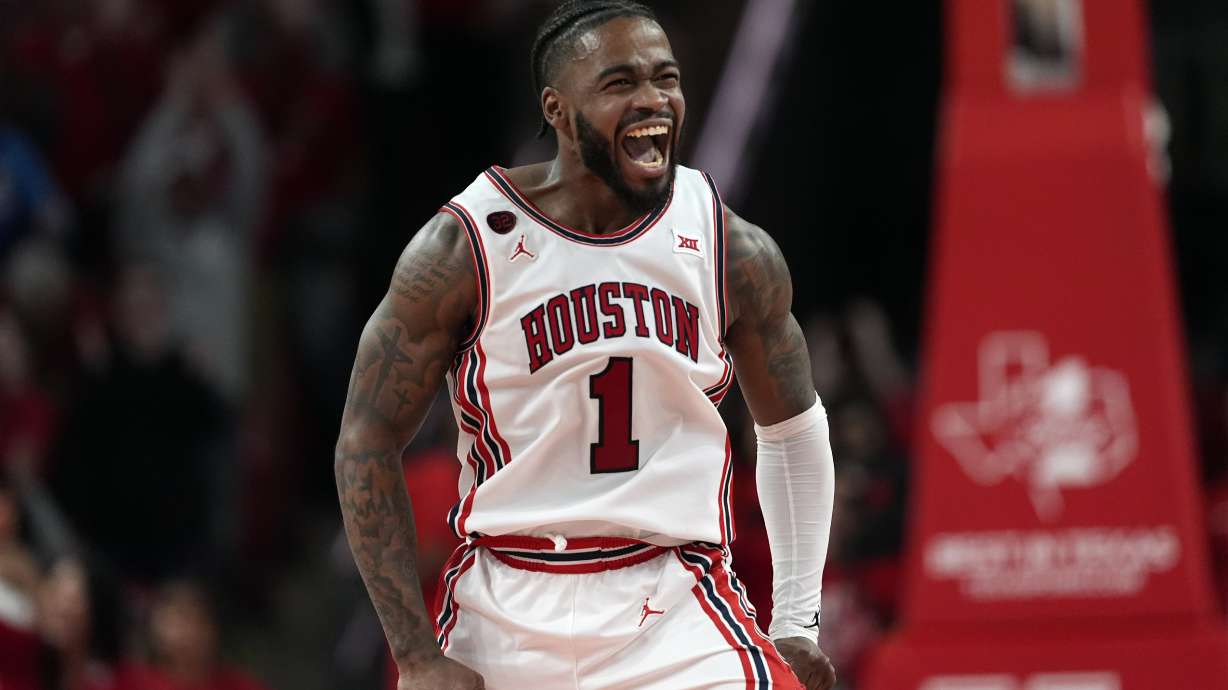 Houston's Jamal Shead (1) celebrates during the second half of an NCAA college basketball game against Iowa State Monday, Feb. 19, 2024, in Houston. Houston won 73-65.