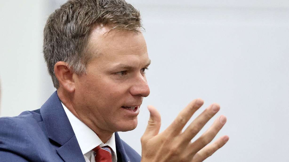 Rep. Blake Moore, R-Utah, speaks at Sutherland Institute’s 2023 Congressional Series at Weber State University in Ogden on Aug. 29, 2023. Moore last week asked a few questions about how the IRS plans to spend tens of billions in extra funding.