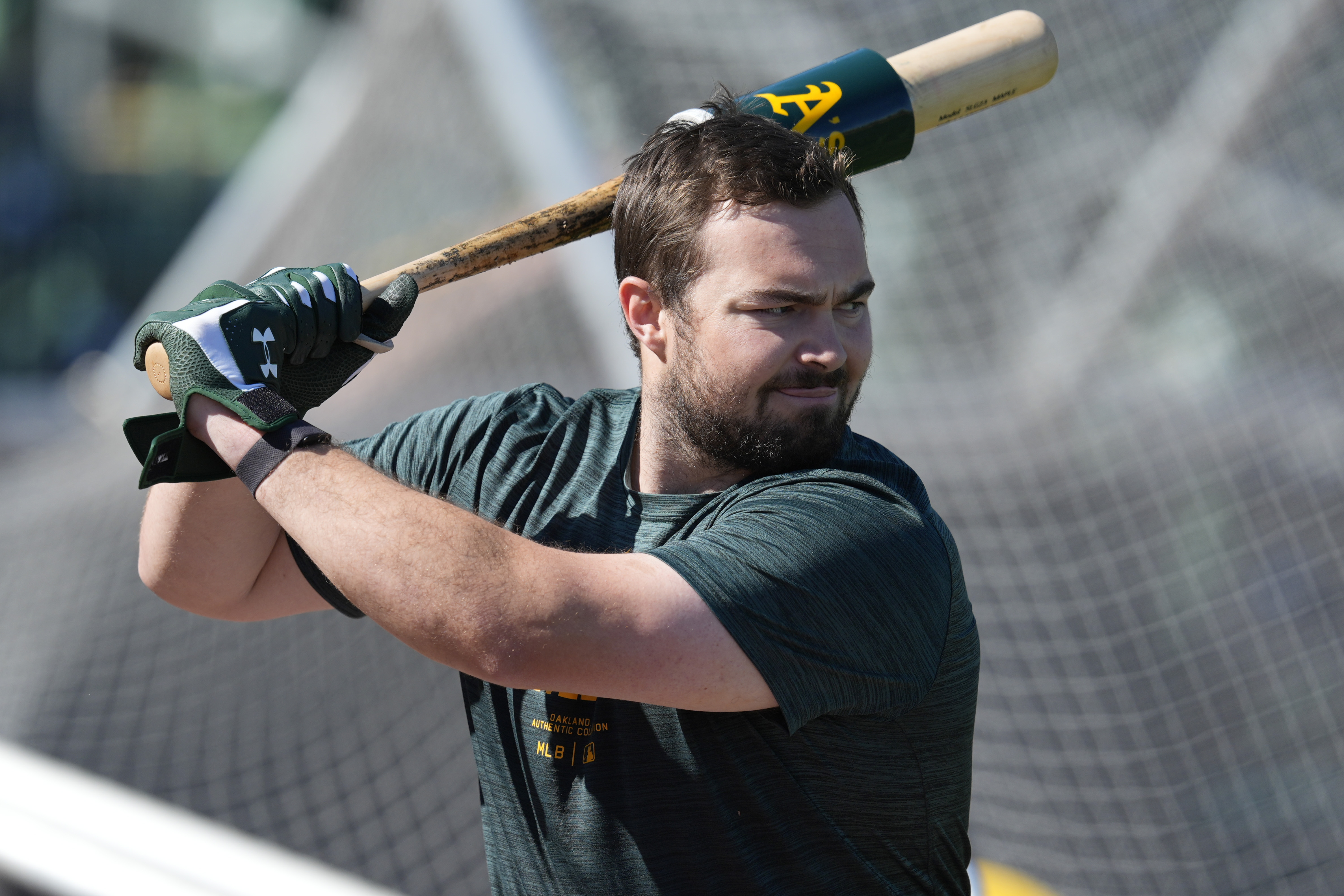 Oakland Athletics catcher Shea Langeliers hits during a baseball spring training workout, Friday, Feb. 16, 2024, in Mesa, Ariz. 