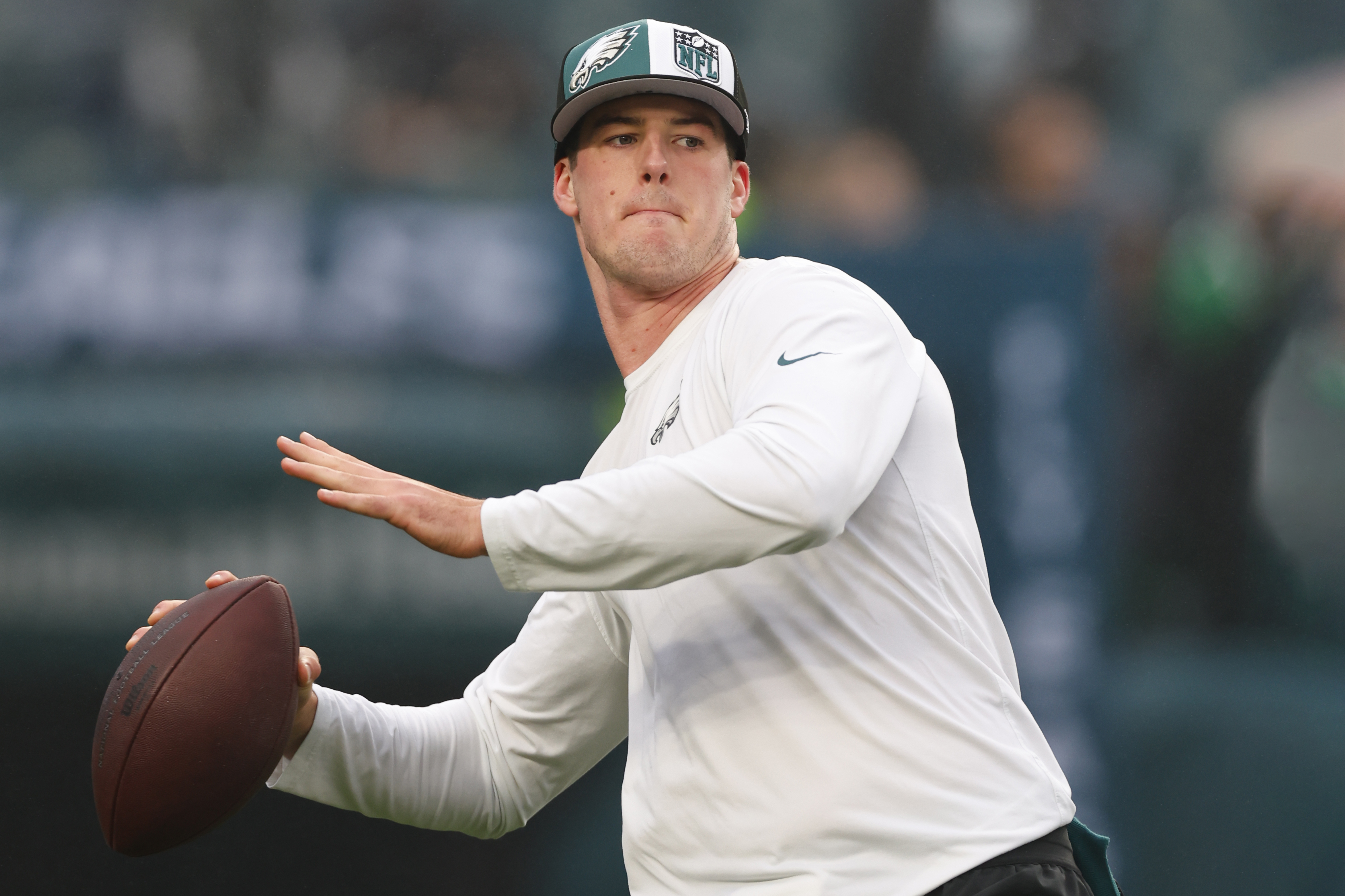 Philadelphia Eagles quarterback Tanner McKee warms up before an NFL football game against the San Francisco 49ers, Dec, 3, 2023, in Philadelphia.