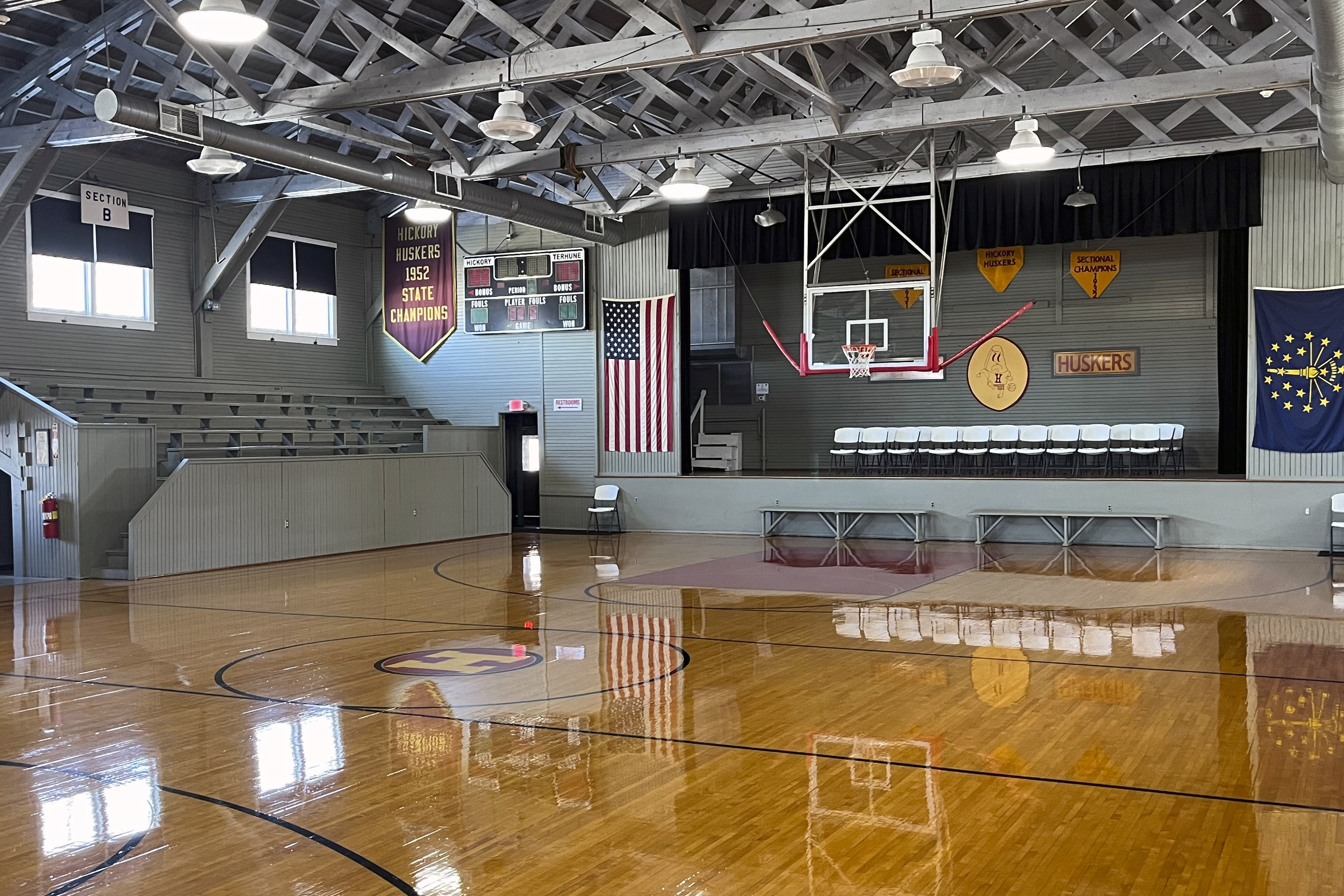 The Hoosier Gym is shown Monday, Feb. 19, 2024, in Knightstown, Ind. Thousands of people still visit The Hoosier Gym annually. The gym where many scenes from the movie “Hoosiers” was filmed in the mid-1980s plays host to dozens of high school games each year as fans still flock to the site. 