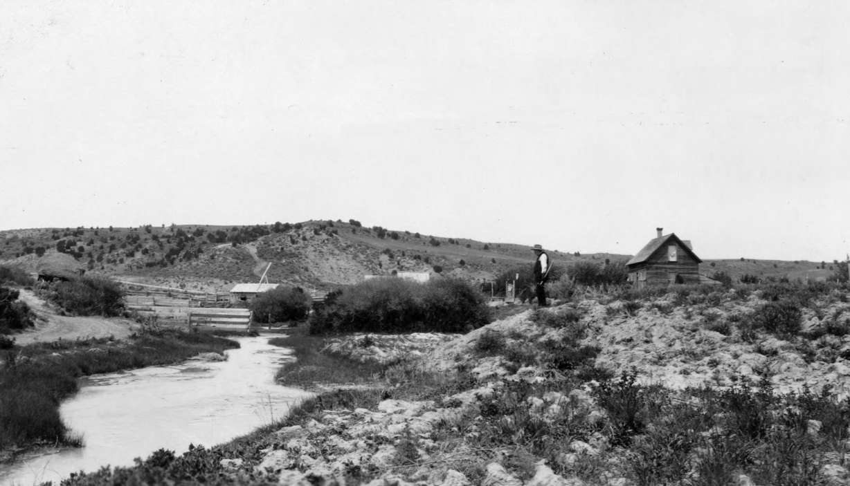 Farmer looking along the Battle Creek banks, undated.