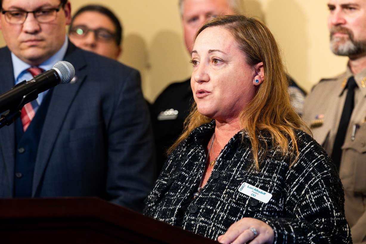 Lori Alhadeff, founder of Make our Schools Safe and mother of Parkland, Florida, school shooting victim Alyssa Alhadeff, Parkland victim, speaks at a press conference held to discuss the School Security Task Force at the Utah Capitol in Salt Lake City on Tuesday.
